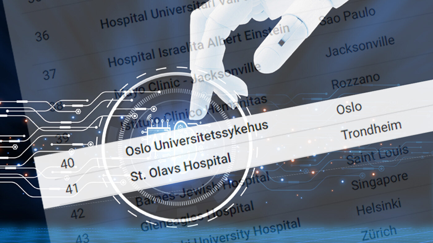 Robothånd og en liste over de "smarteste" sykehusene. Illustrasjonen viser en robothånd og en liste over de "smarteste" sykehusene.