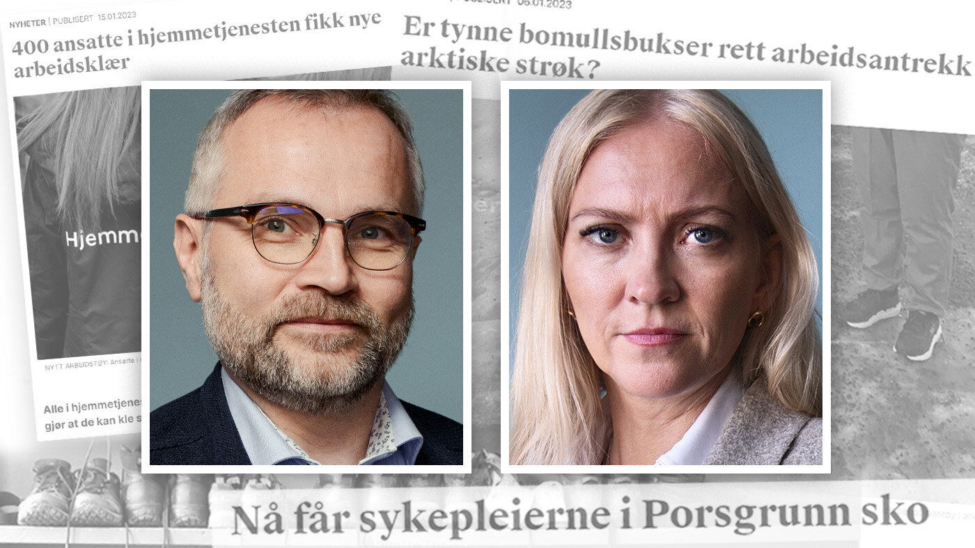 Bildet viser Lill og Vikleik i en collage av tidligere overskrifter om arbeidstøy Bildet viser Lill og Vikleik i en collage av tidligere overskrifter om arbeidstøy