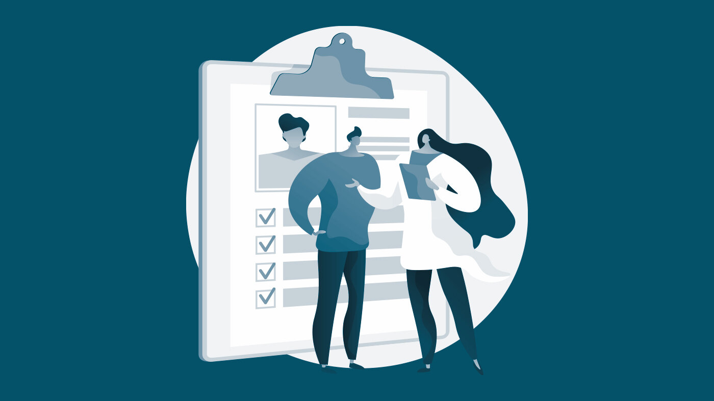 Samvalg Illustrasjonen viser en ung mann og en ung dame som står. Bak dem ses et stort skjema med en klips på og avkrysningsbokser