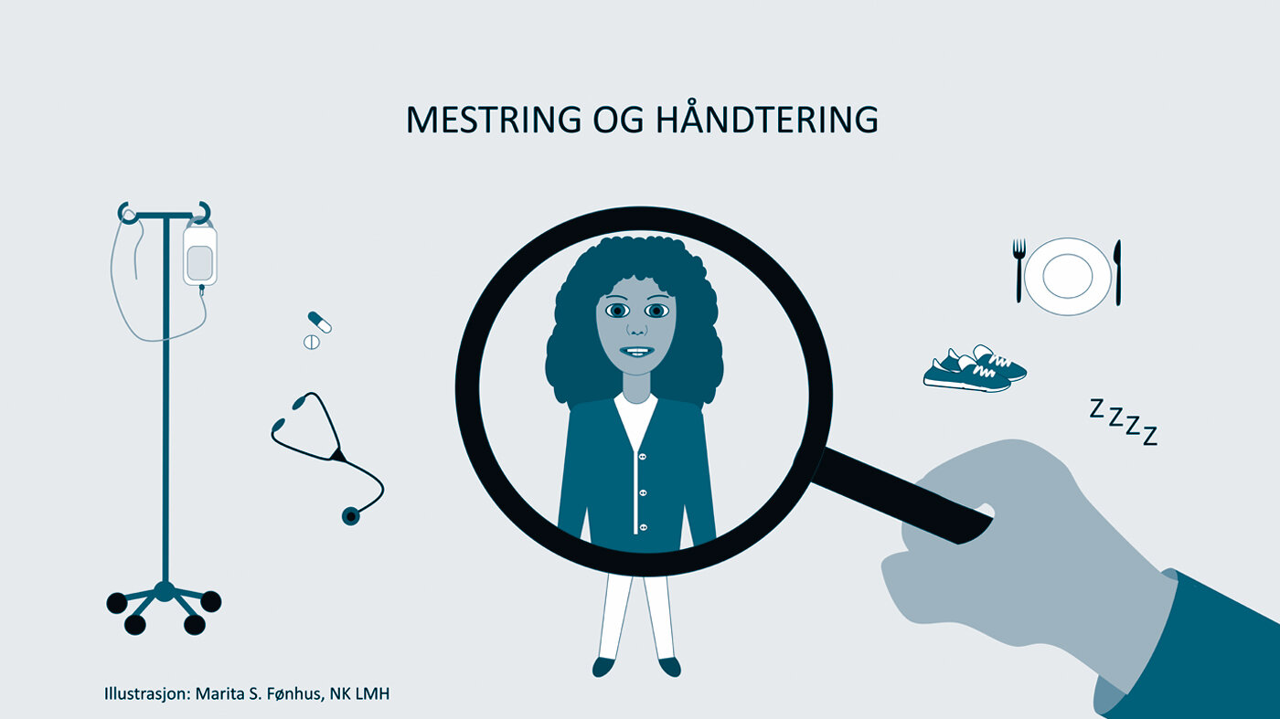 Mestring og håndtering Illustrasjonen viser diverse dialyseutstyr på venstre side og private elementer på høyre side, som middagstallerken, sko og symbol for søvn. I midten står det "mestring og håndtering", og et forstørrelsesglass holdes over en ung kvinne/jente