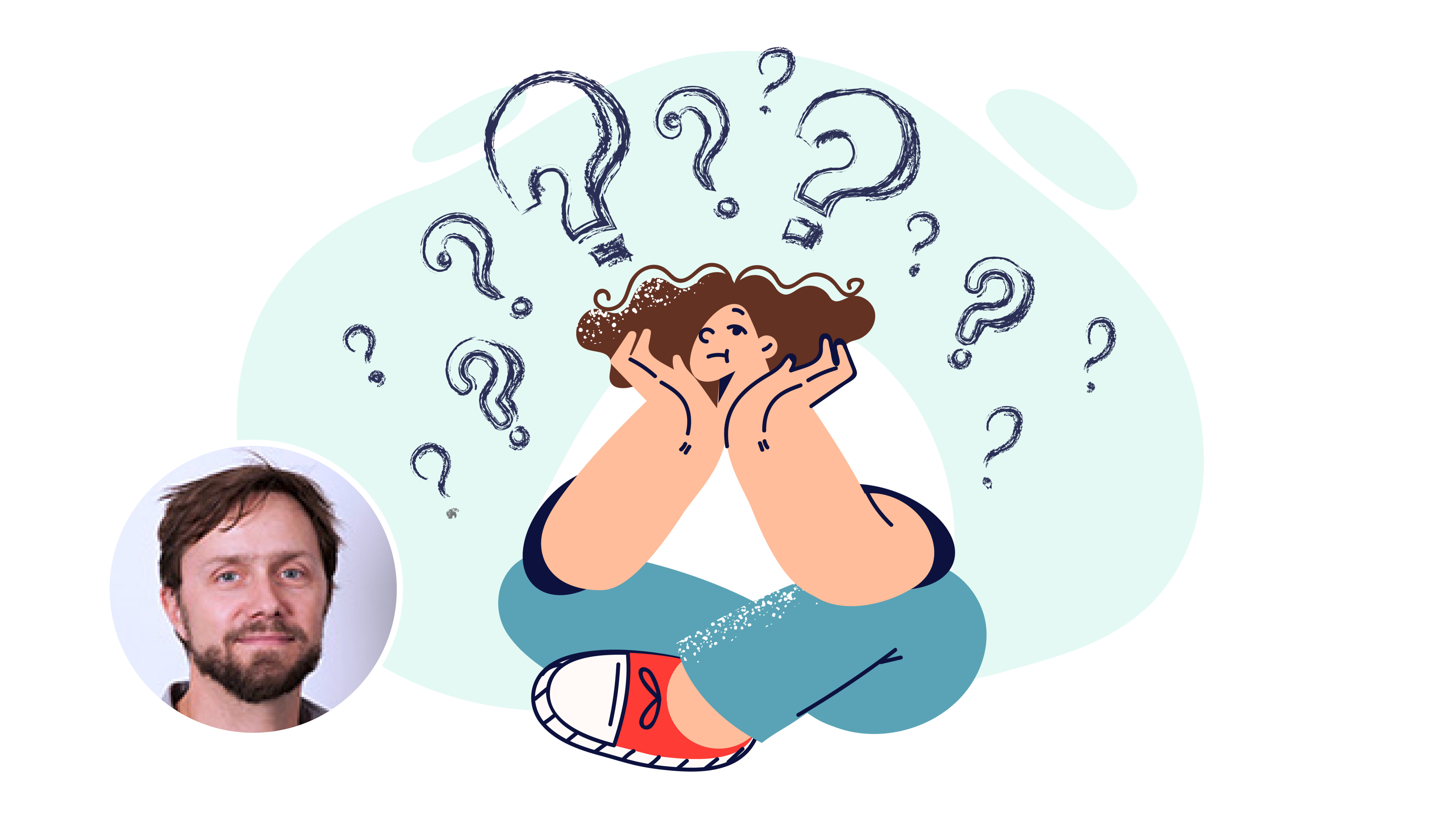 Bildet viser en tegning av et barn som sitter med bena i kors. Barnet er omgitt av spørsmålstegn