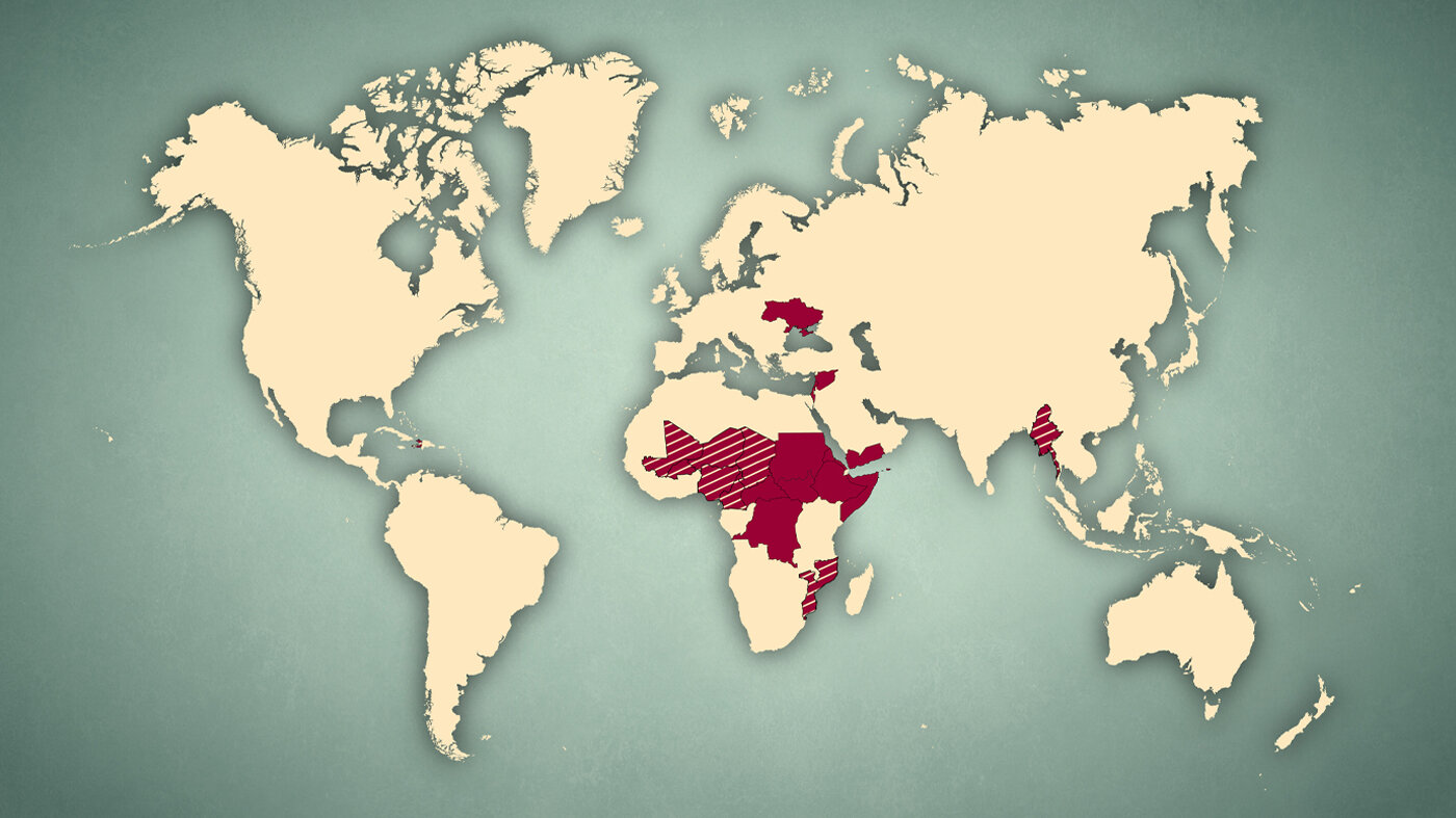 Kart over hvor det er kriger i dag. Bildet viser et kart over hvor det er kriger i dag.
