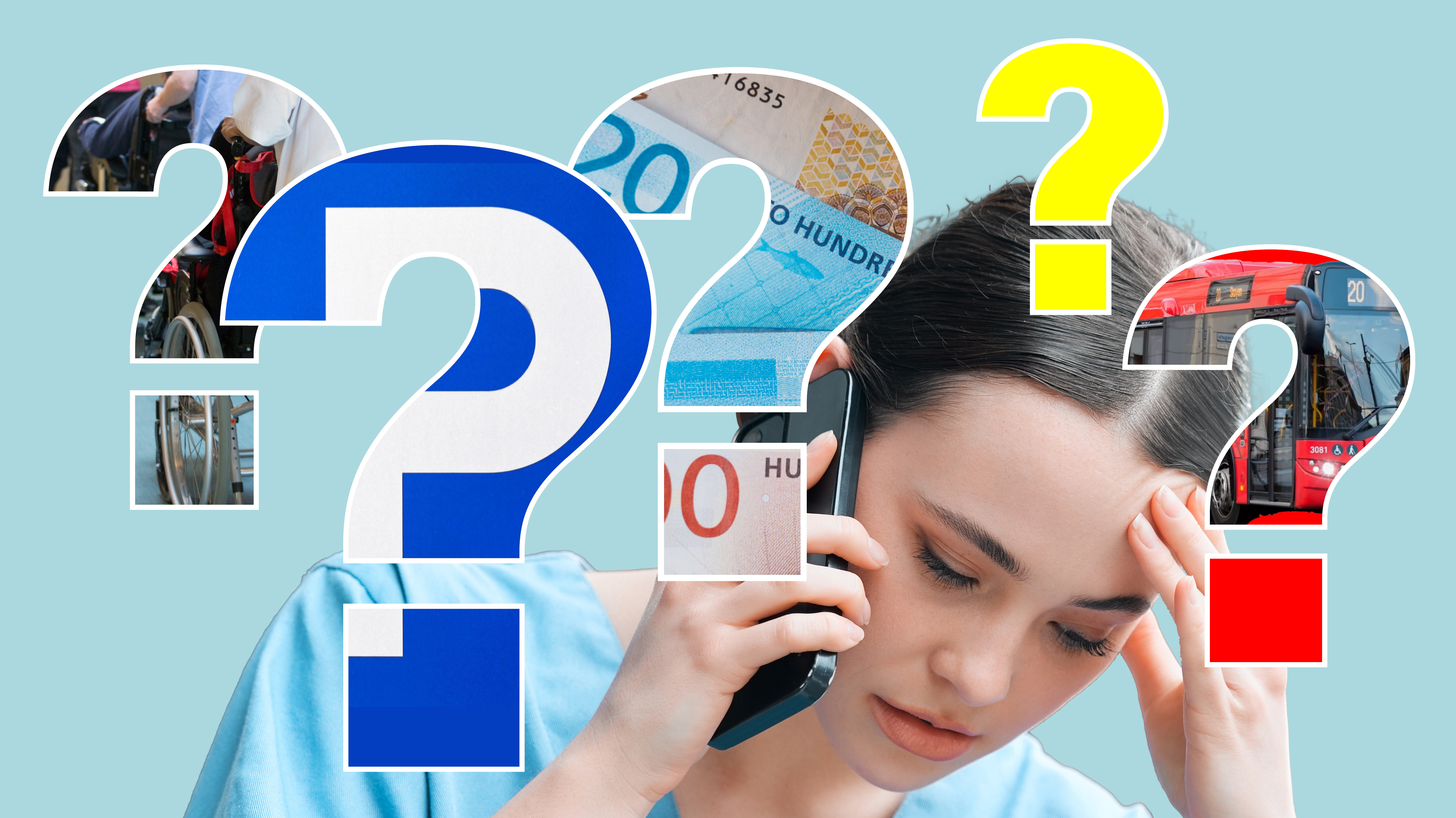 Bildet viser en fotomonasje med en fortvilet sykepleiere omgitt av spørsmålstegn