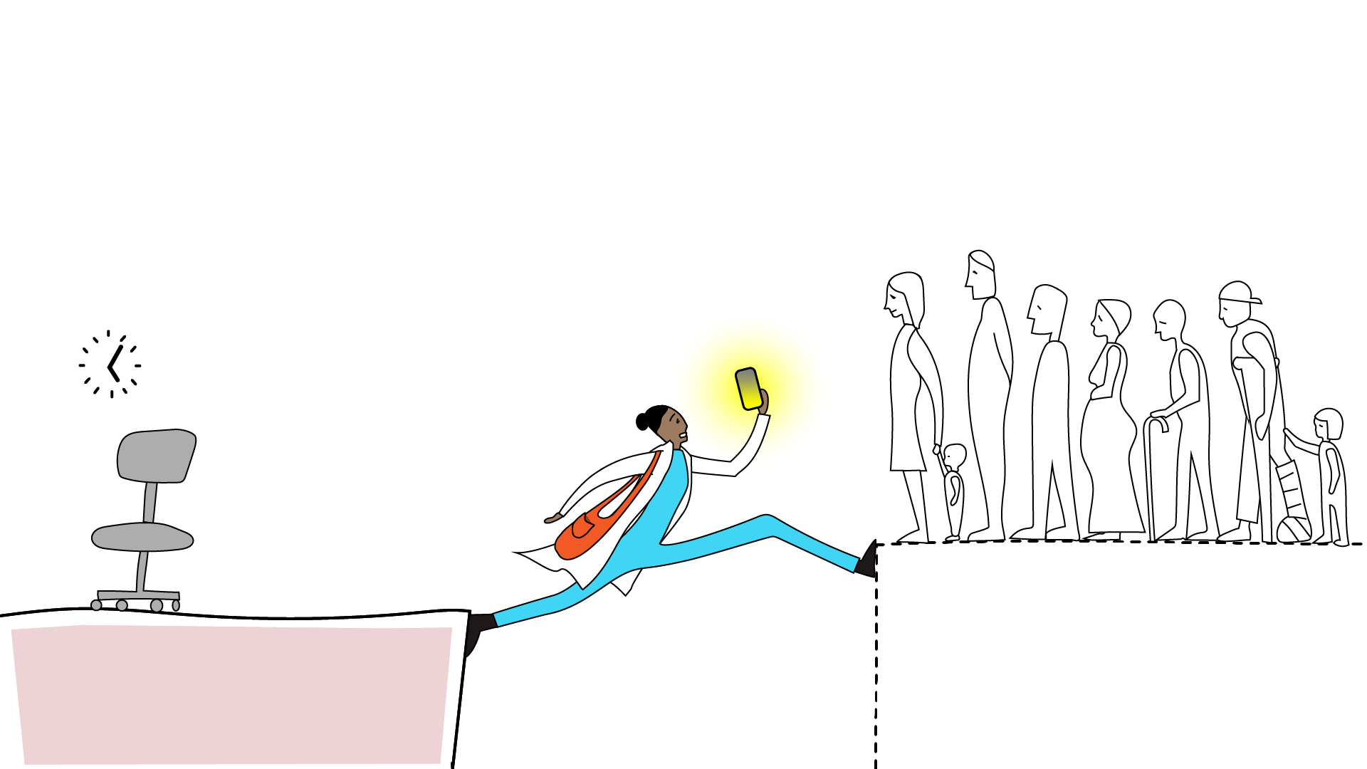 Helsearbeider i spagat Illustrasjonen viser en kontorstol og en klokke på den ene siden av et gap. På den andre siden står det flere mennesker. En helsearbeider står i spagat over gapet med en mobiltelefon opp i luften