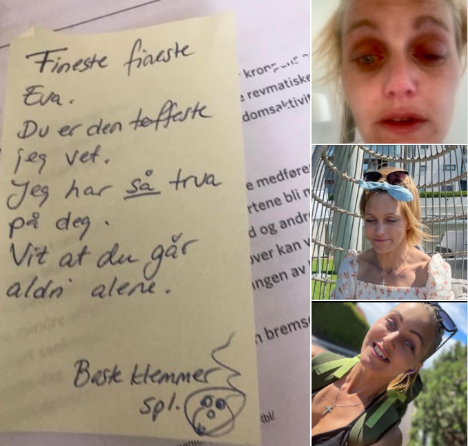 Skjermdump fra Facebook Bildet viser lappen og bilder av Eva Mari Johansen.