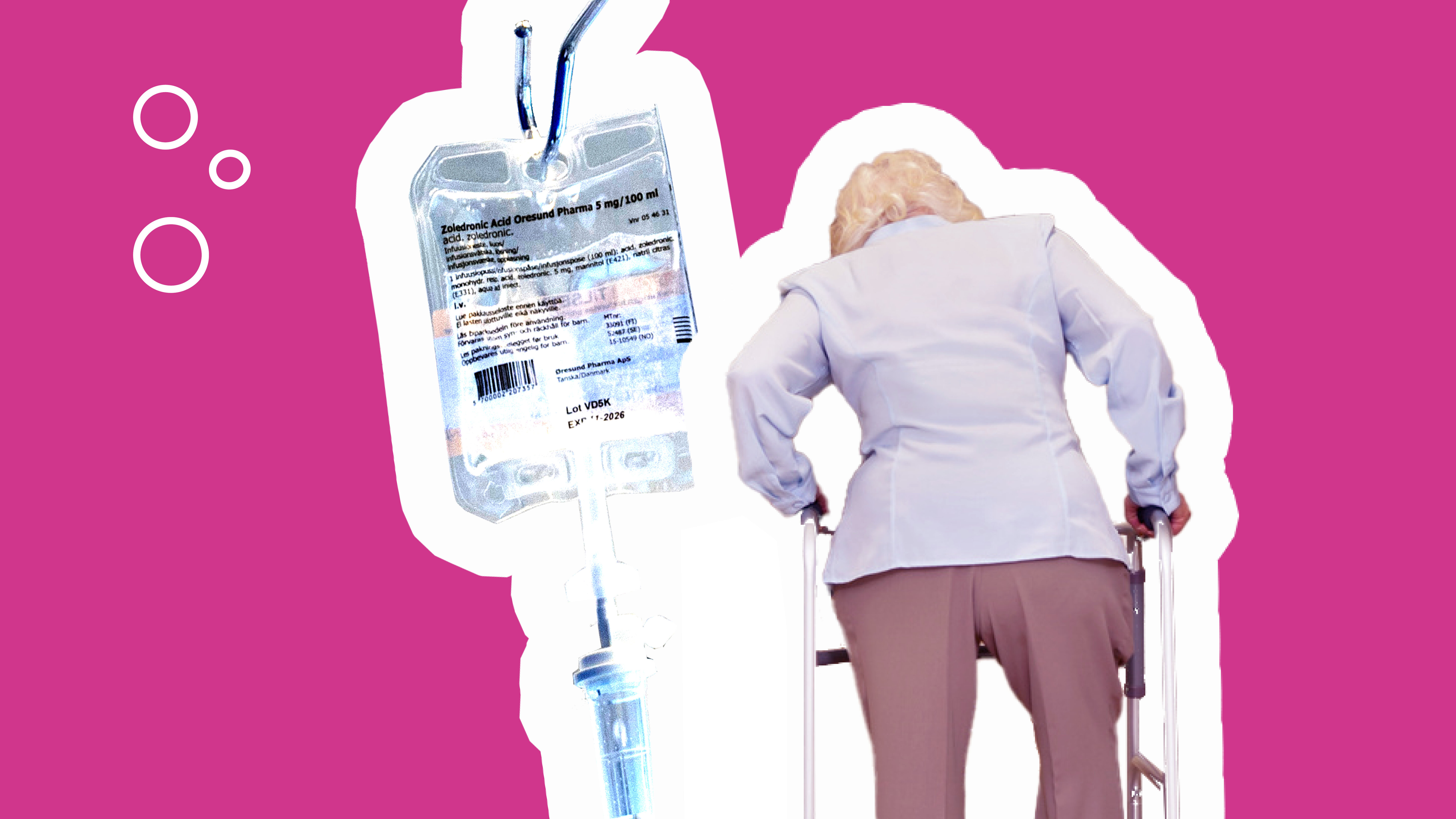 Bilde viser en intravinøspose og en eldre kvinne Bilde viser en intravinøspose og en eldre kvinne