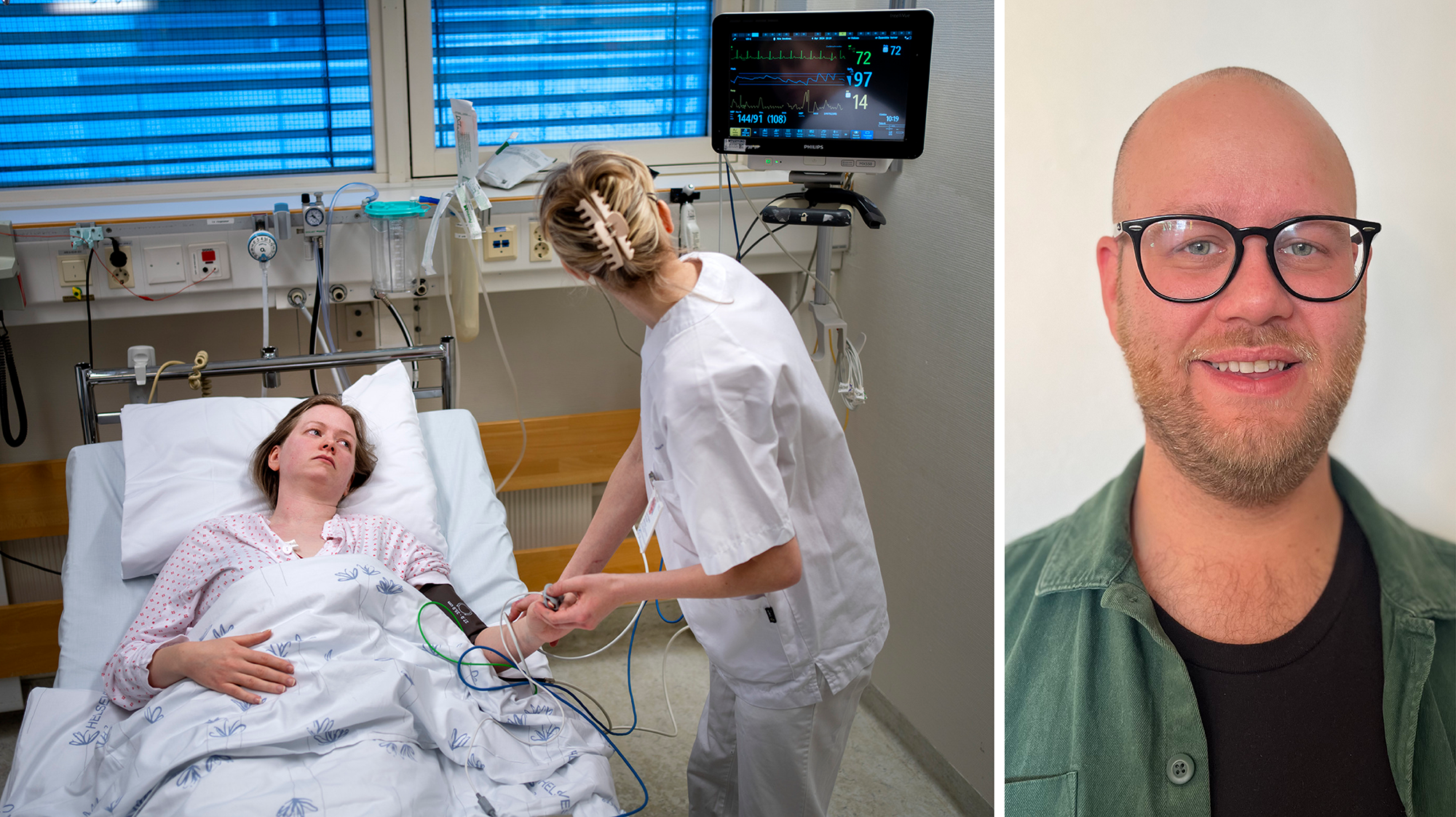 Bildet er todelt og viser på den ene siden en sykepleier på sengepost sammen med en pasient - mens andre del av bildet viser forsker og sykepleier Vegard Andreas Jacobsen