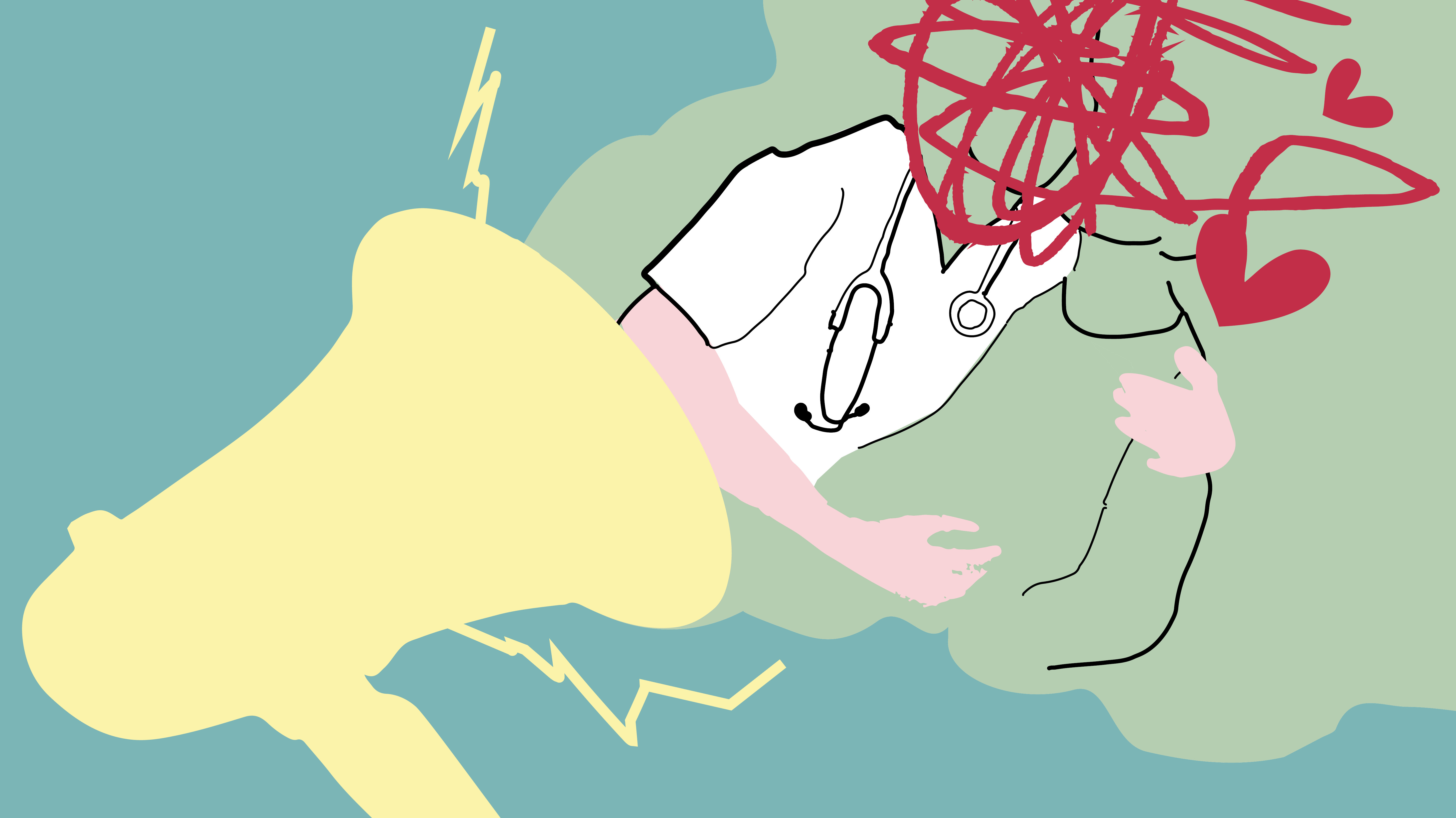 Pasientbetroelser Bildet viser en tegnet illustrasjon, ut av en ropert kommer en lege og pasient