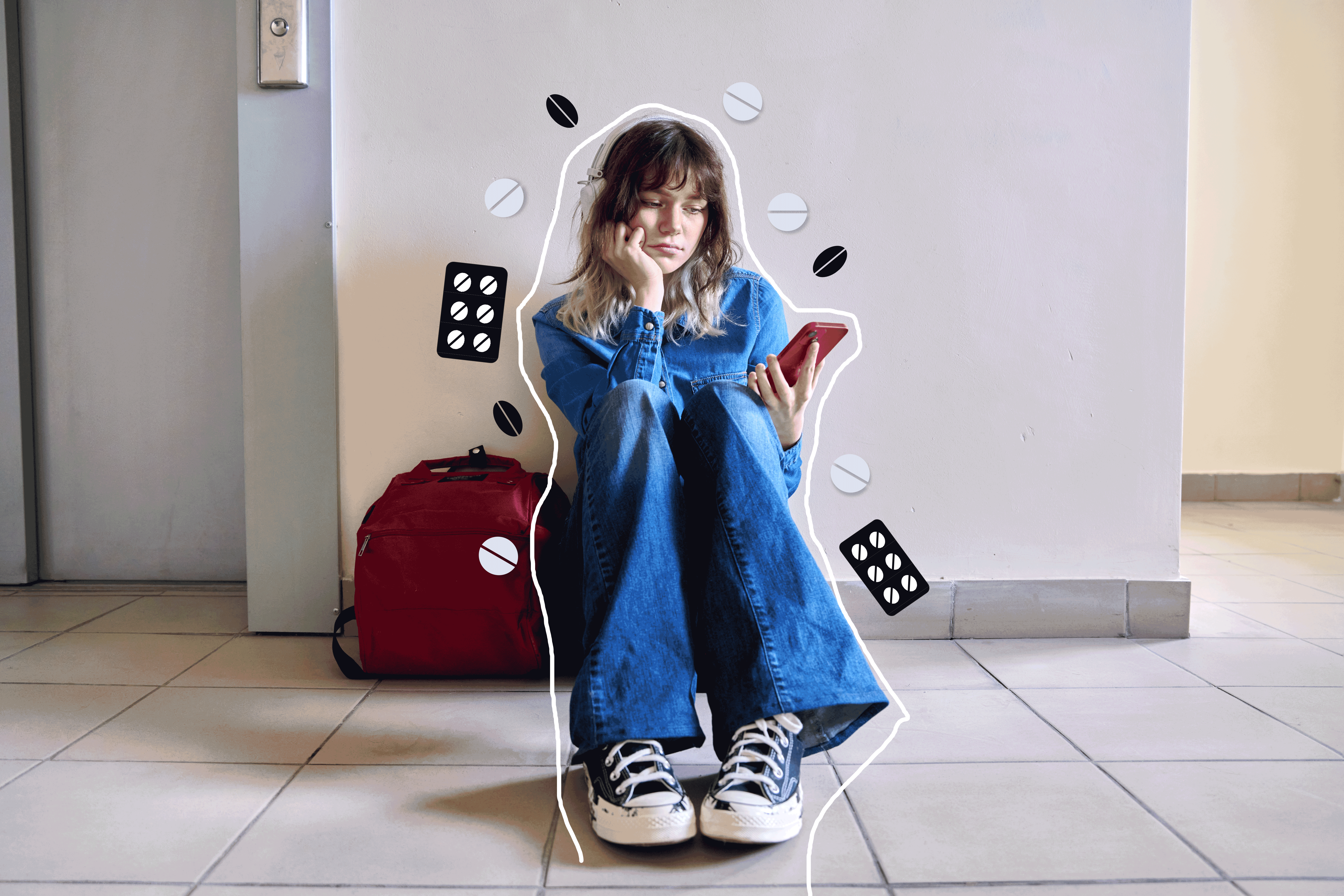 Ungdom og medikalisering Bildet viser en ung jente som sitter på golvet og kikker på mobilen. Rundt henne ses ulike tabletter og pillebrett, og en strek rundt kvinnen signaliserer at pillene ikke skal "nå frem" til henne.