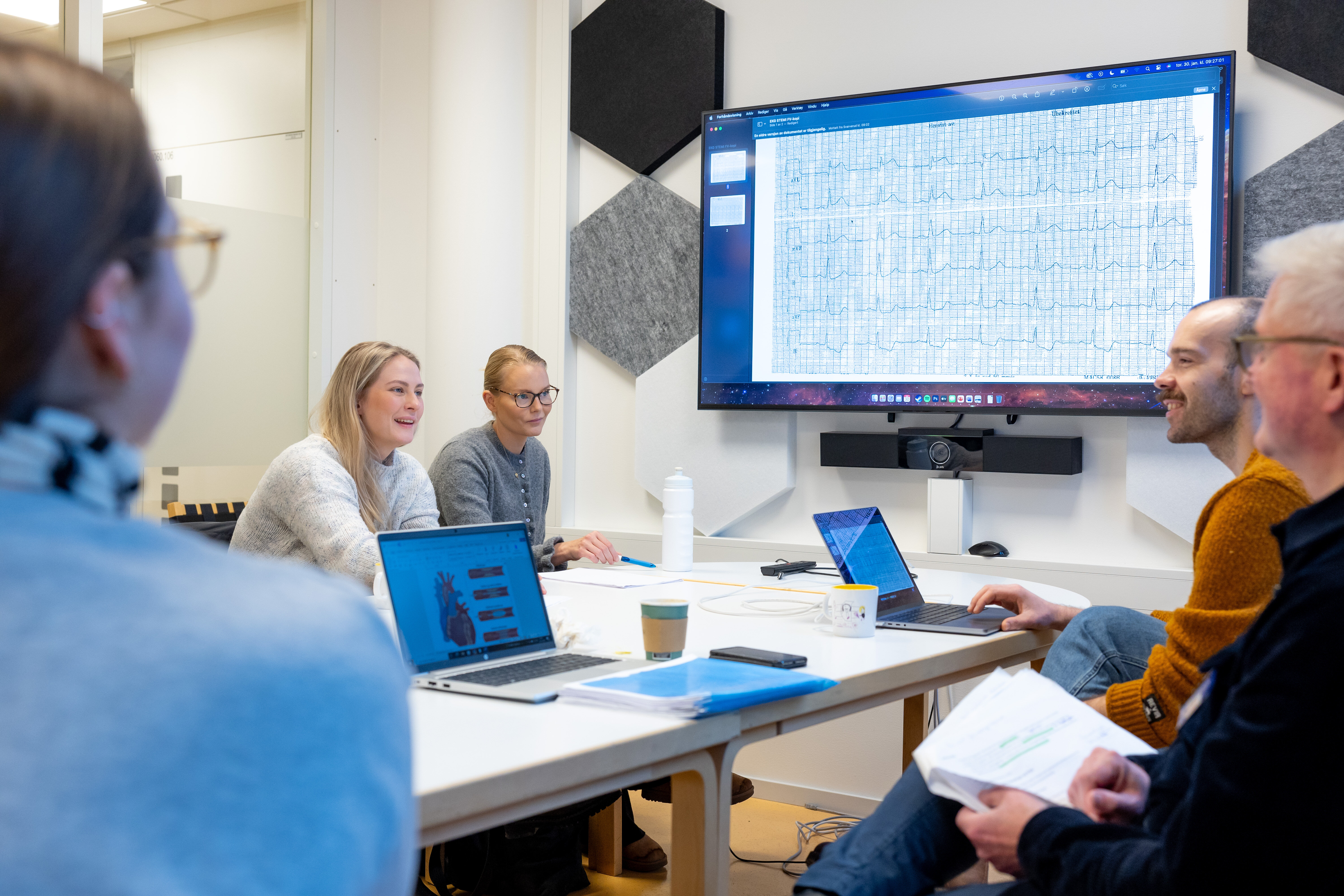 Reflection group The photo shows two students sitting around a table opposite two academic supervisors. A third student can be seen with her back towards the camera. At the screen on the wall graphs of cardiac arrhythmias can be seen. The people are participating in a reflection group.