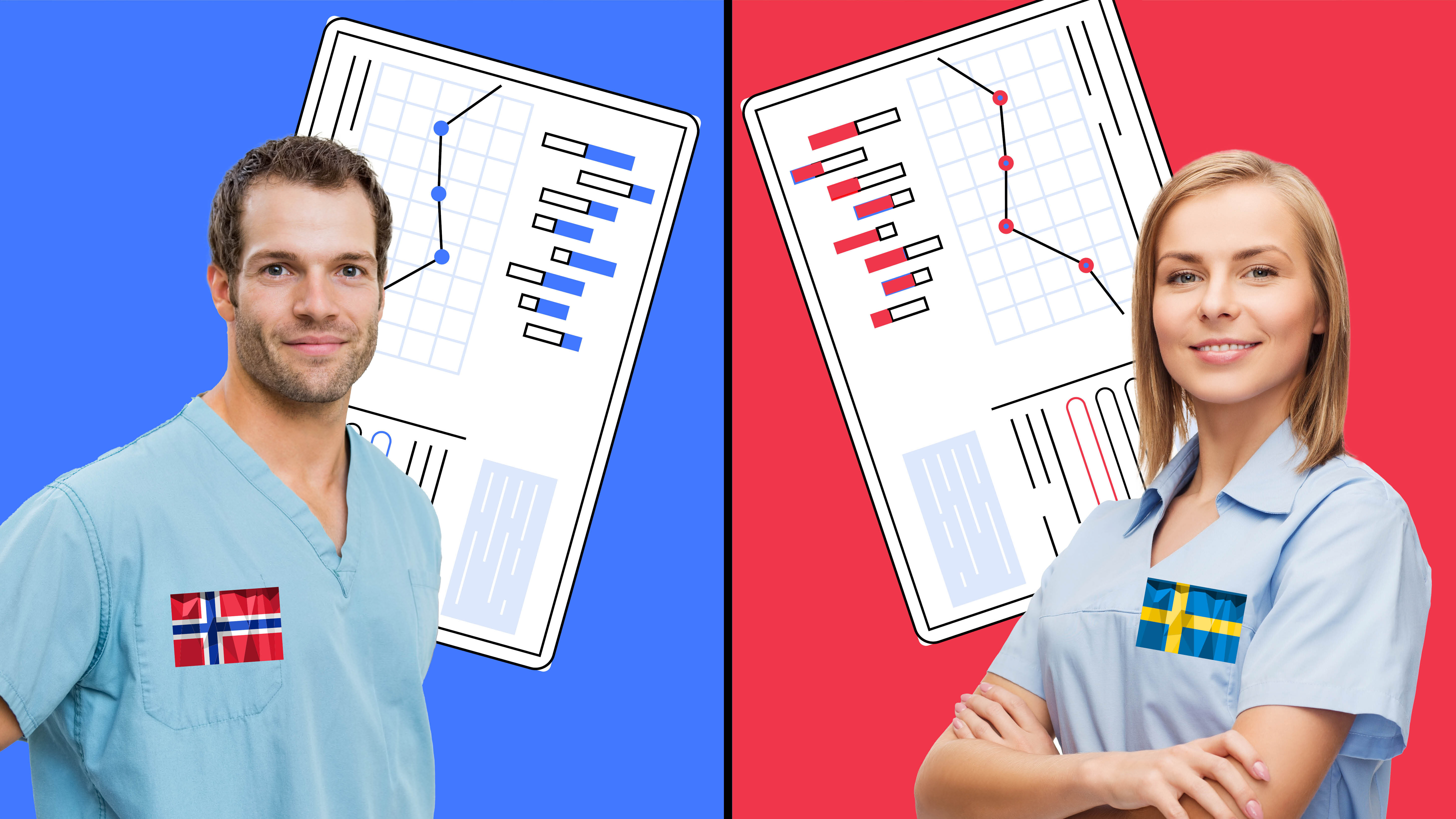 Skjemabruk i Norge og Sverige Illustrasjonen viser en mannlig sykepleier med et norsk flagg på brystet på sykepleieruniformen. Vendt mot ham står en dame med et svensk flagg på brystet. Mellom dem i bakgrunnen er to skjemaer