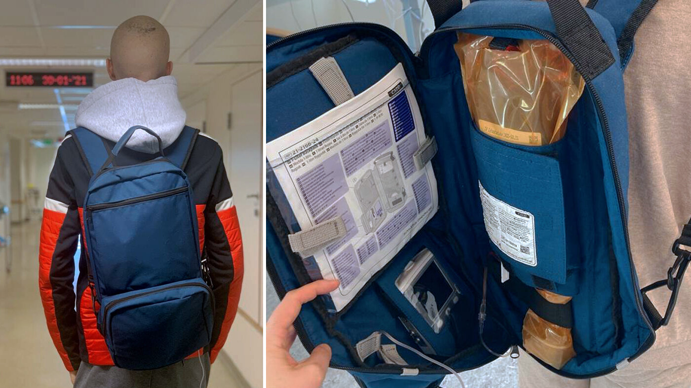 Home-based chemotherapy The first photo shows a young man seen from behind with a backpack on. At the second photo the backpack can be seen open, containing home-based chemotherapy equipment.