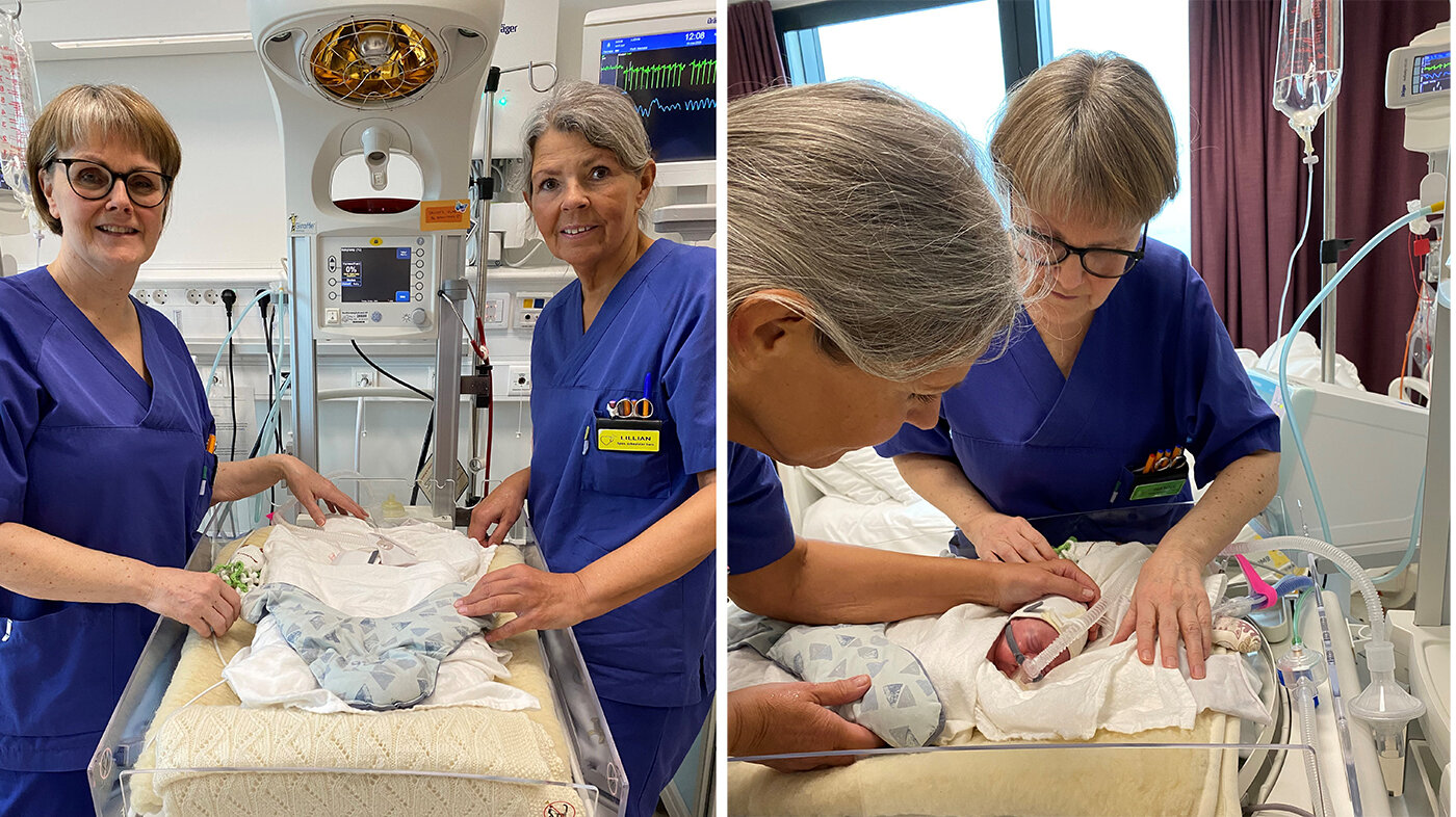 Bildet viser spesialsykepleierne Hanne Høyvik og Lillian Vedvik sammen med et spedbarn