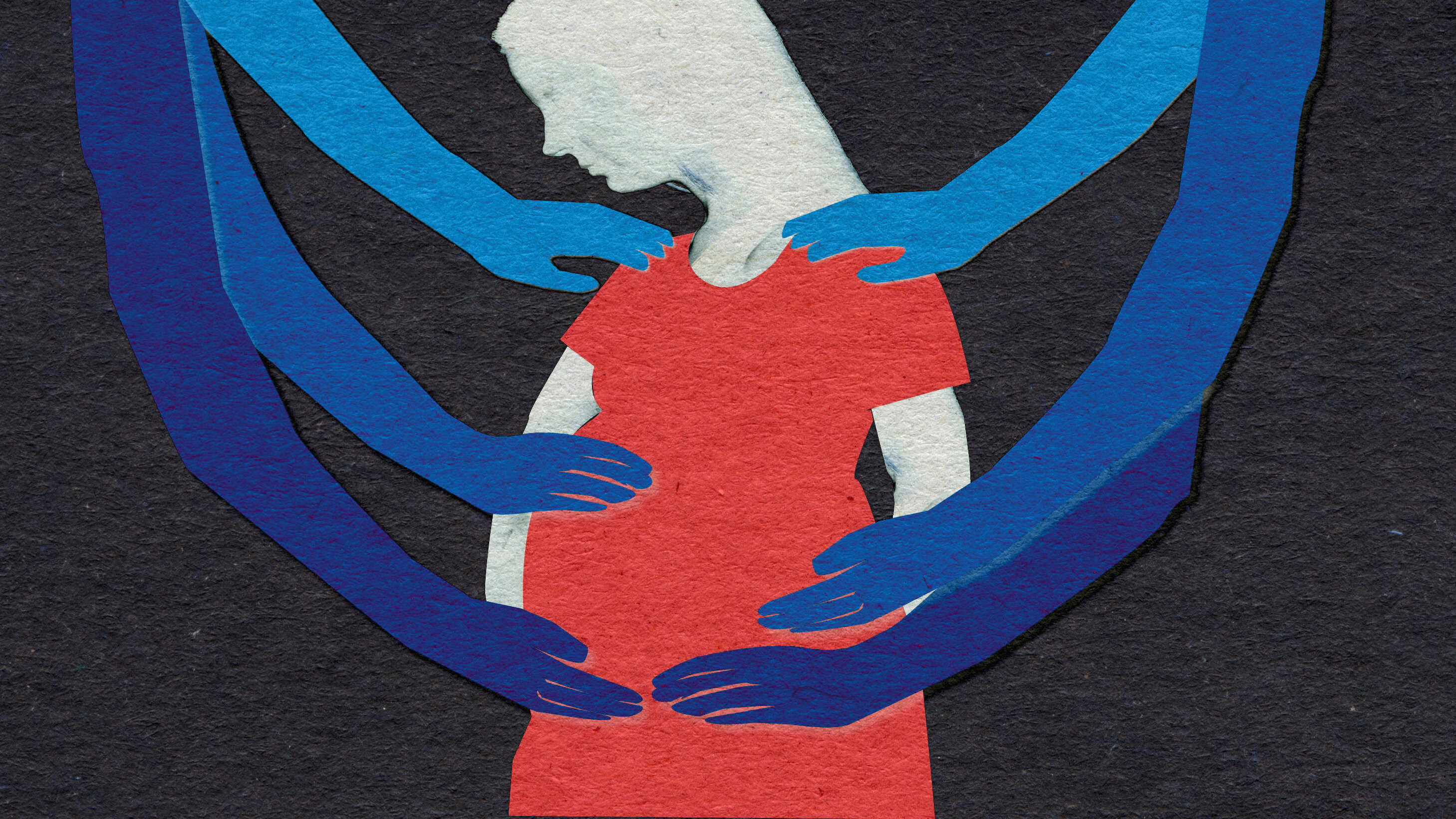 Illustrasjonen viser en gravid kvinne med beskyttende armer rundt seg