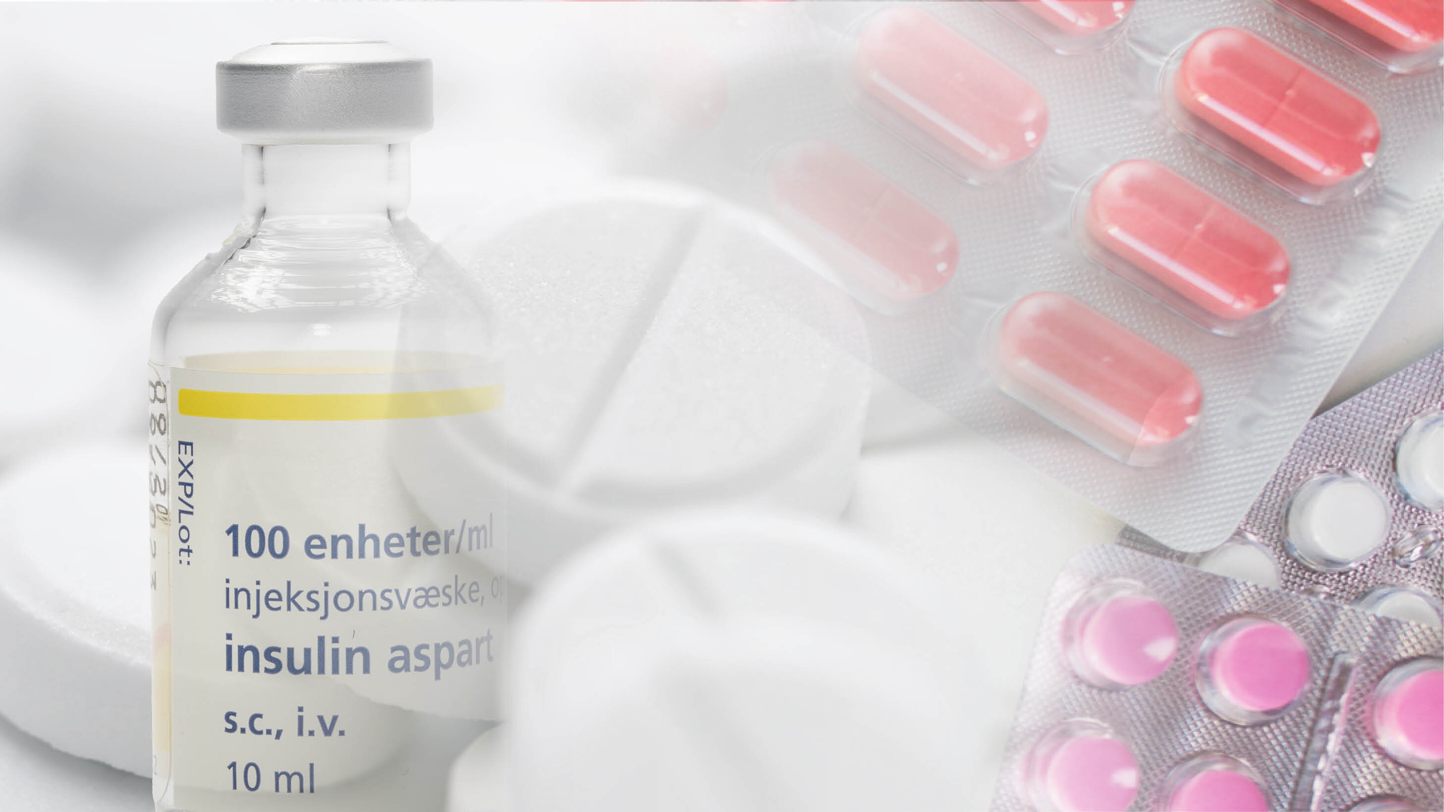 Bilde viser insulin glass og ulike piller