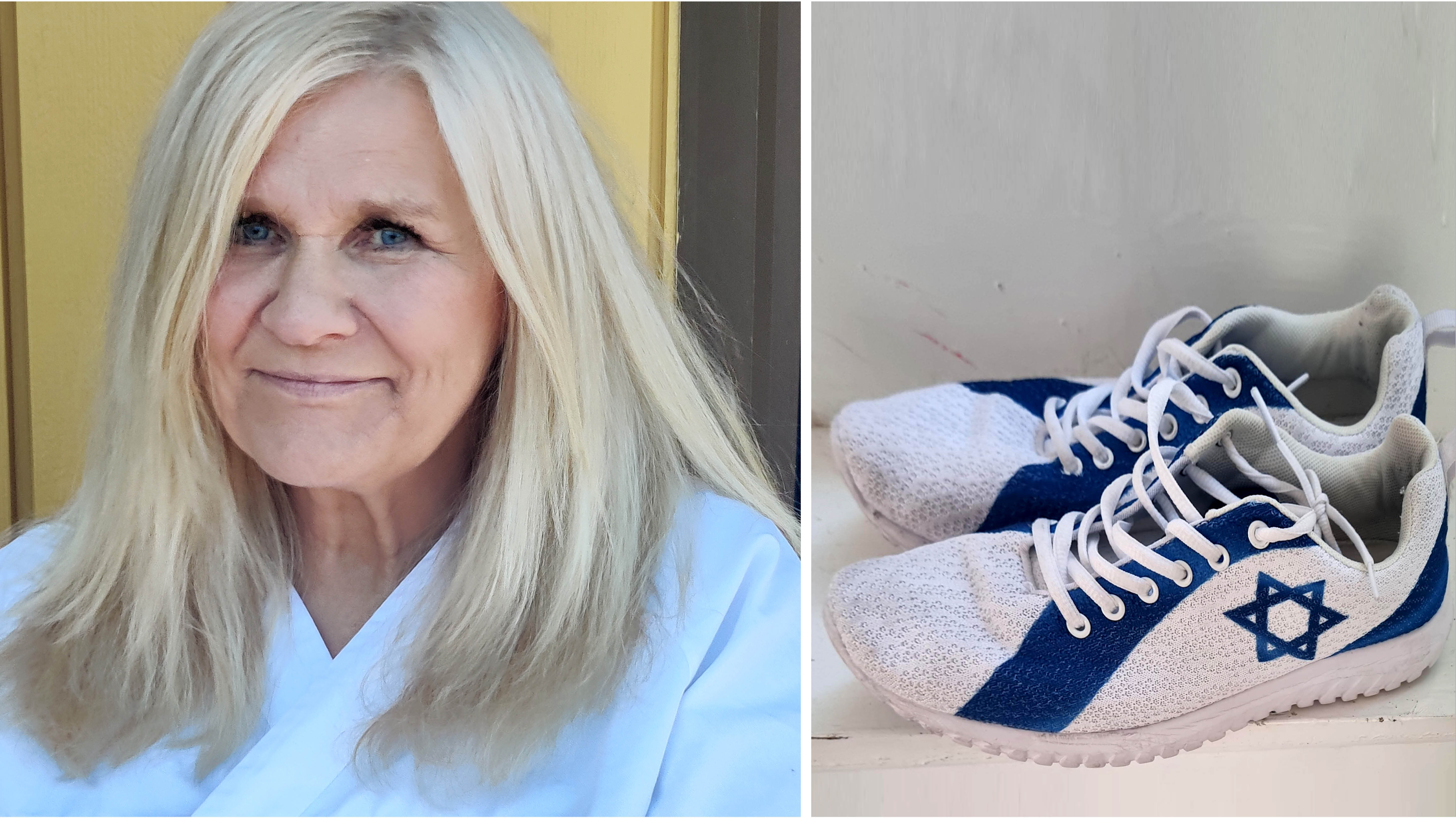 Bildet viser sykepleier Ingrid Neverdahl og sko med Davidsstjernen. Bildet viser sykepleier Ingrid Neverdahl og sko med Davidsstjernen.