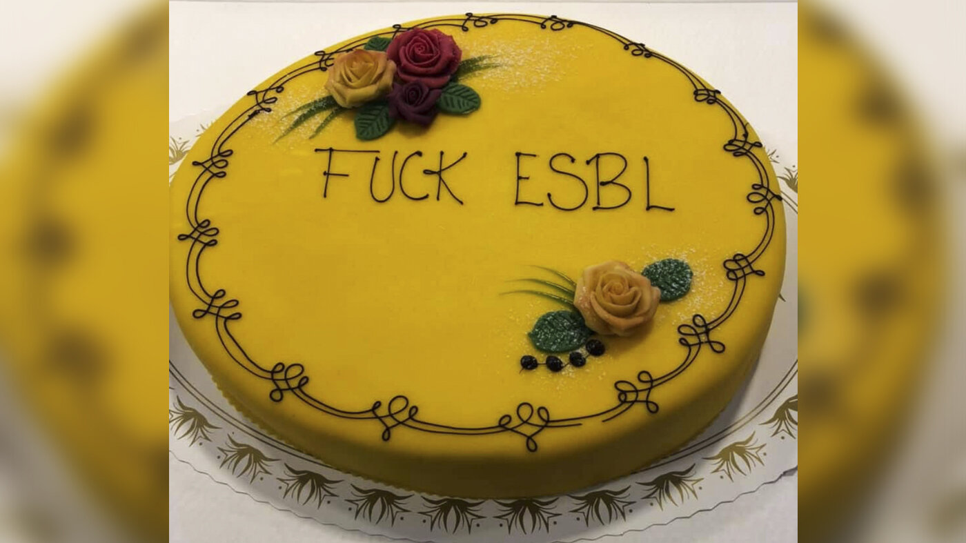 Bilde av kake, med teksten «Fuck ESBL». Bilde av kake, med teksten «Fuck ESBL».