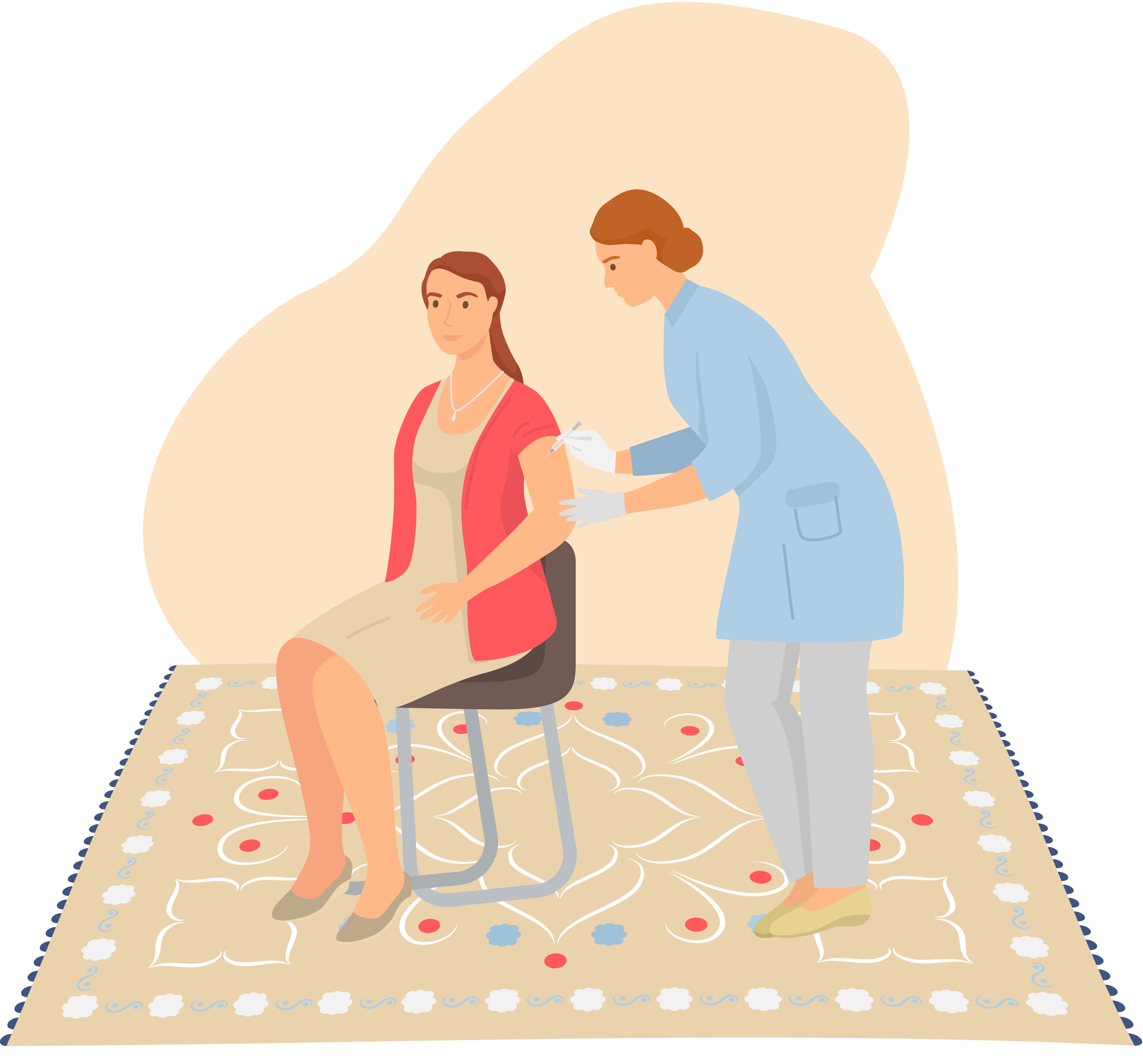 Influensavaksinering Illustrasjonen viser en sykepleier som setter vaksine i armen på en kvinne