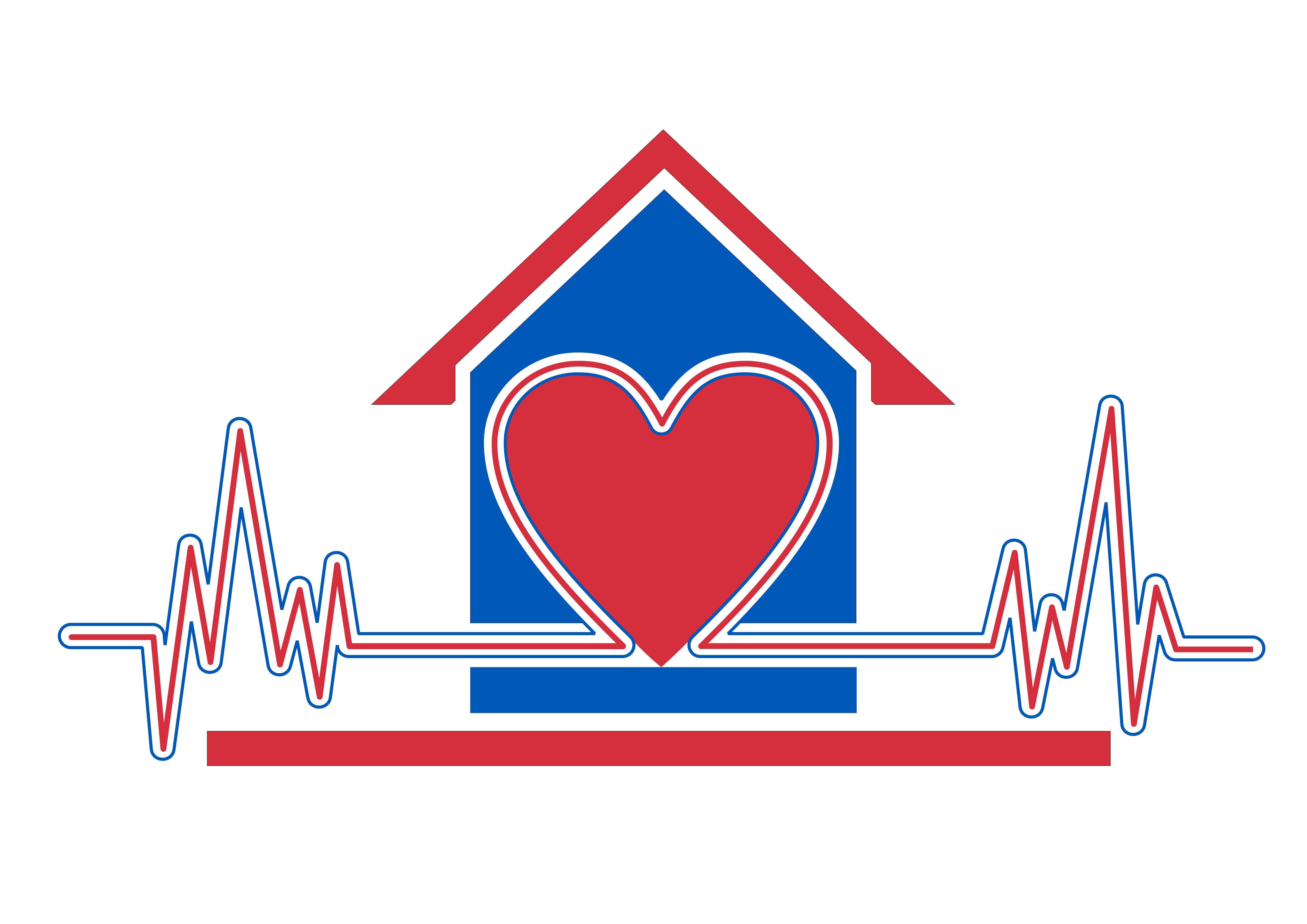 Hjemmesykehus Illustrasjonen viser et hus med et hjerte foran + EKG-hjerteslag