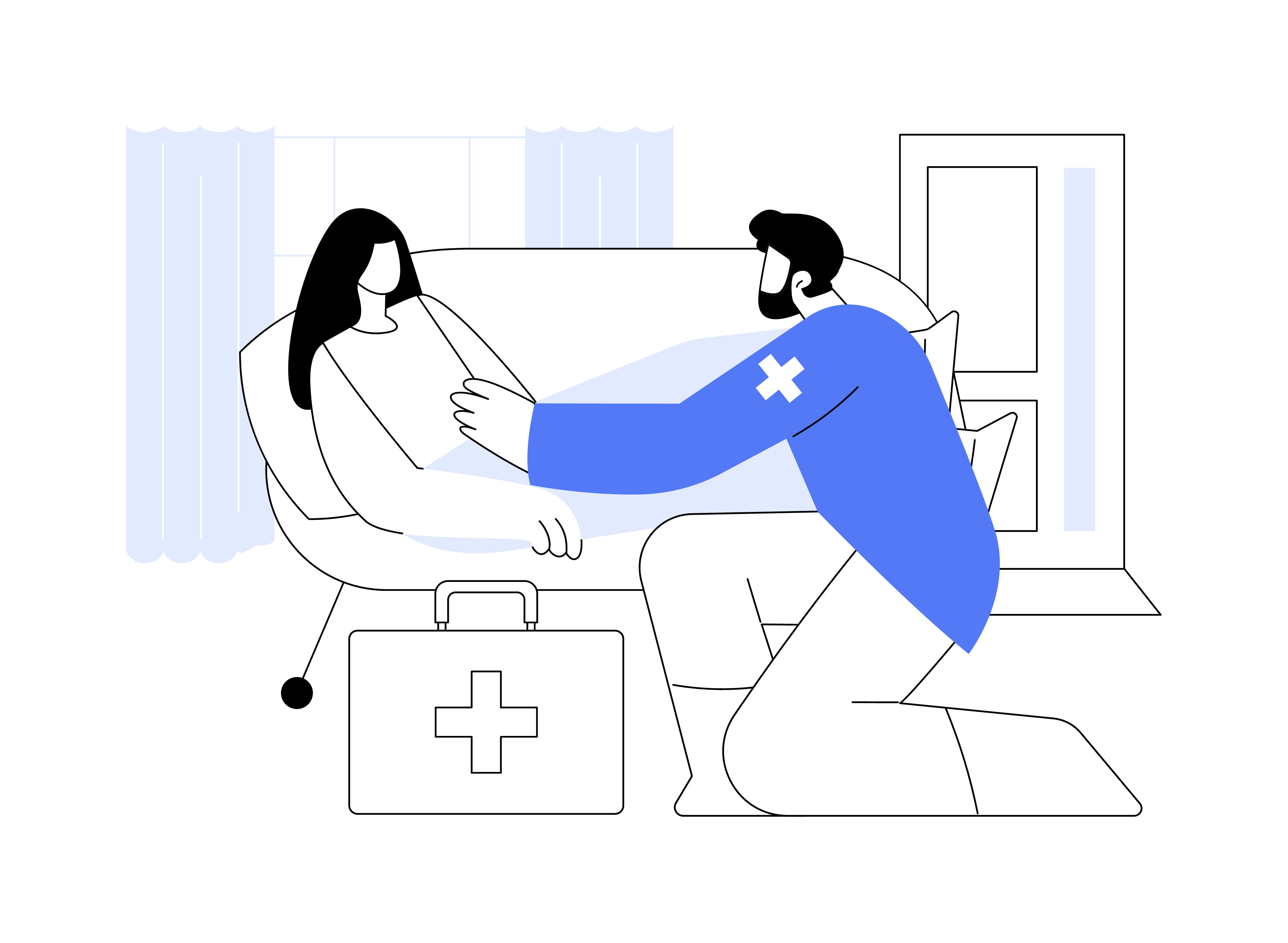 Hjemmesykehus Illustrasjonen viser en pasient hjemme i senga. En sykepleier ligger på kne foran senga med en sykekoffert ved siden av seg