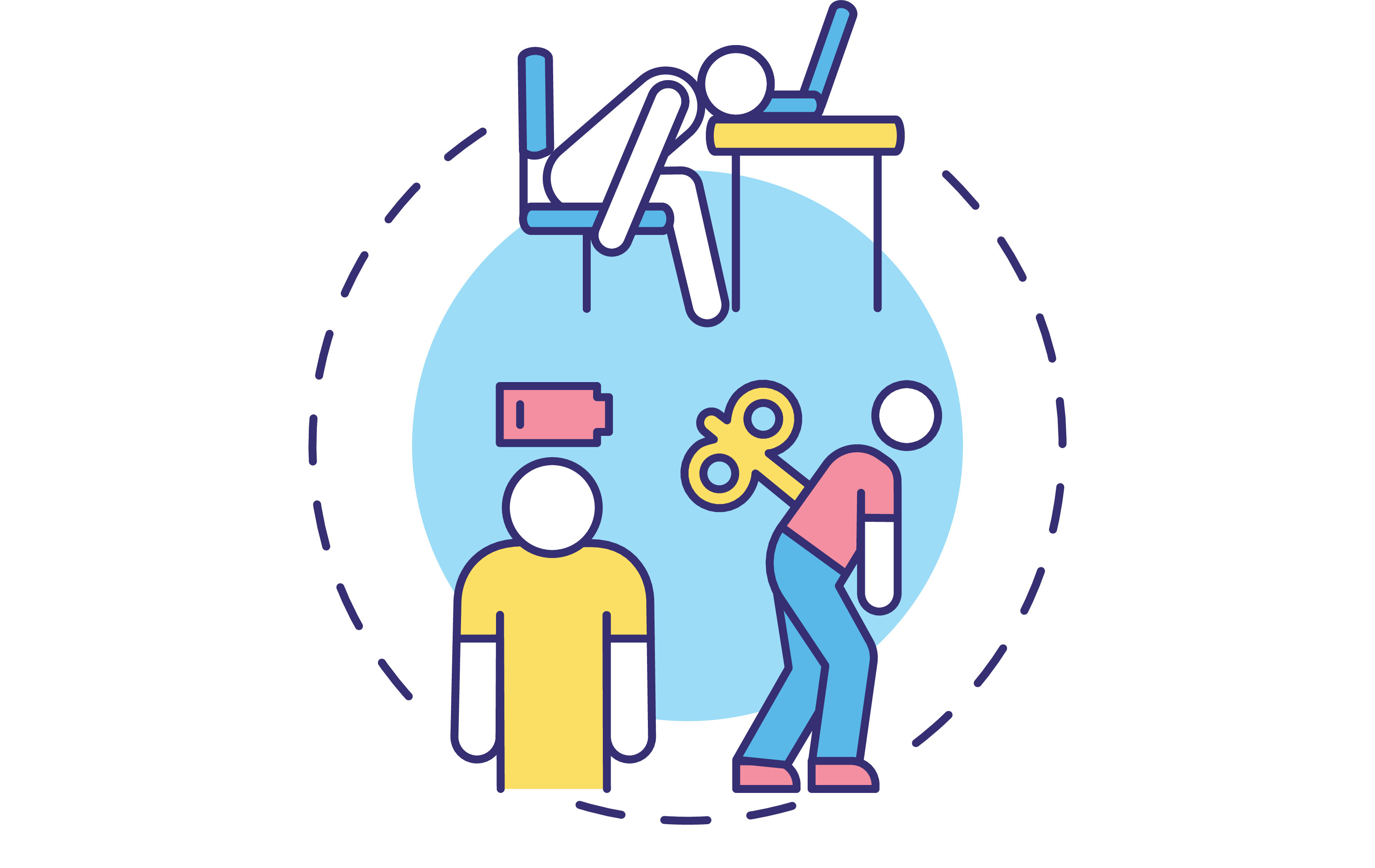 Fatigue Illustrasjonen viser en som ligger med hodet på pulten og sover foran PC-en, en som har et utladet batteri over hodet, og en som har en opptrekkbar propell på ryggen