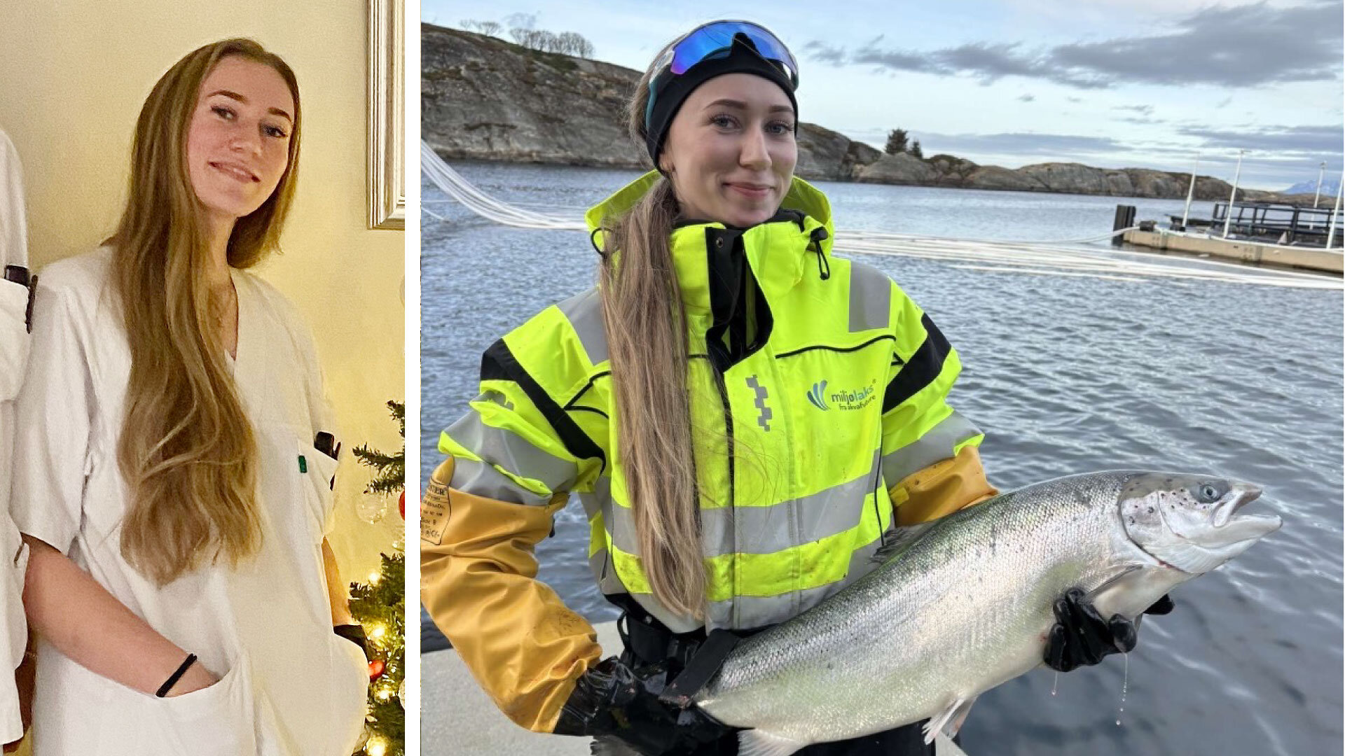 bilder av emilie som sykepleier og i jobb på havbruket