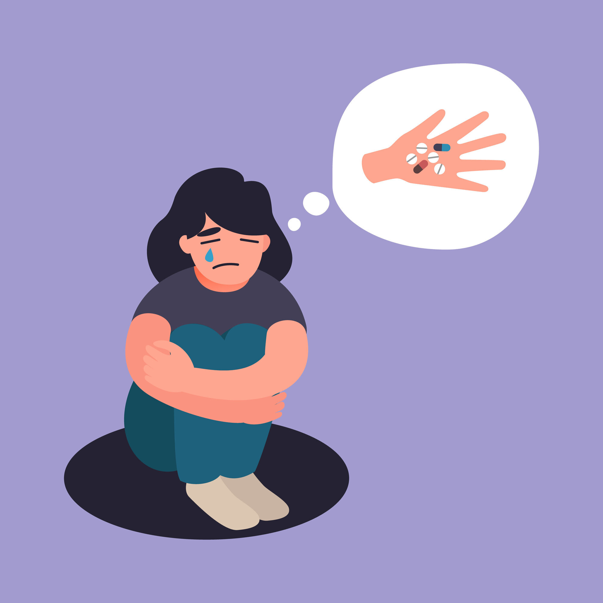 Pasient og piller Tegning av kvinne som sitter og gråter når hun tenker på piller som vises i en tankeboble.