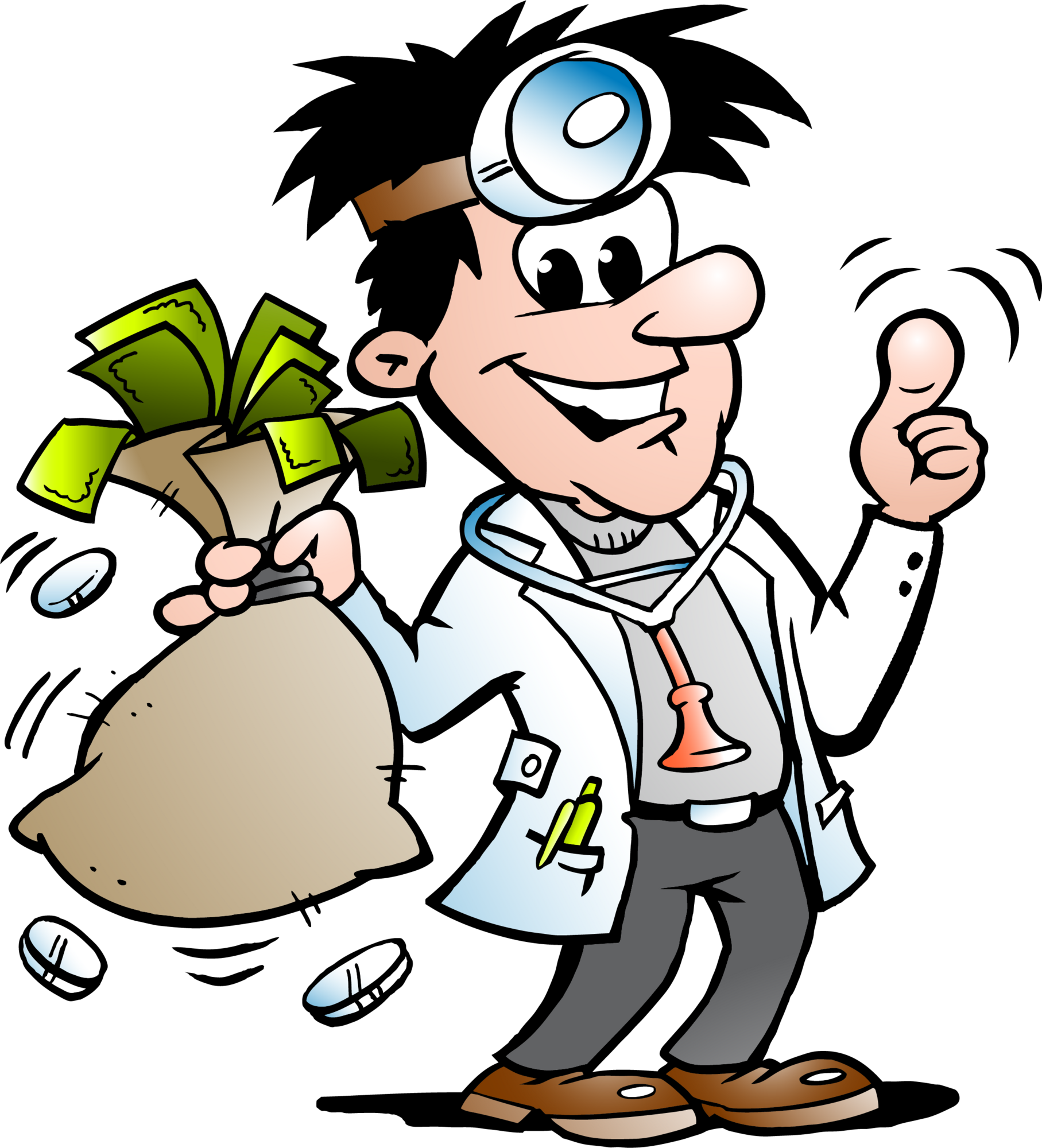 lege med velfylt pengesekk bildet viser en lege med velfylt pengesekk