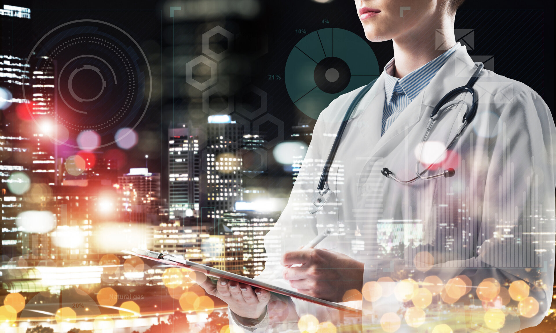 nattarbeid, helsepersonell Bildet viser helsepersonell mot en bakgrunn av nattlig by.