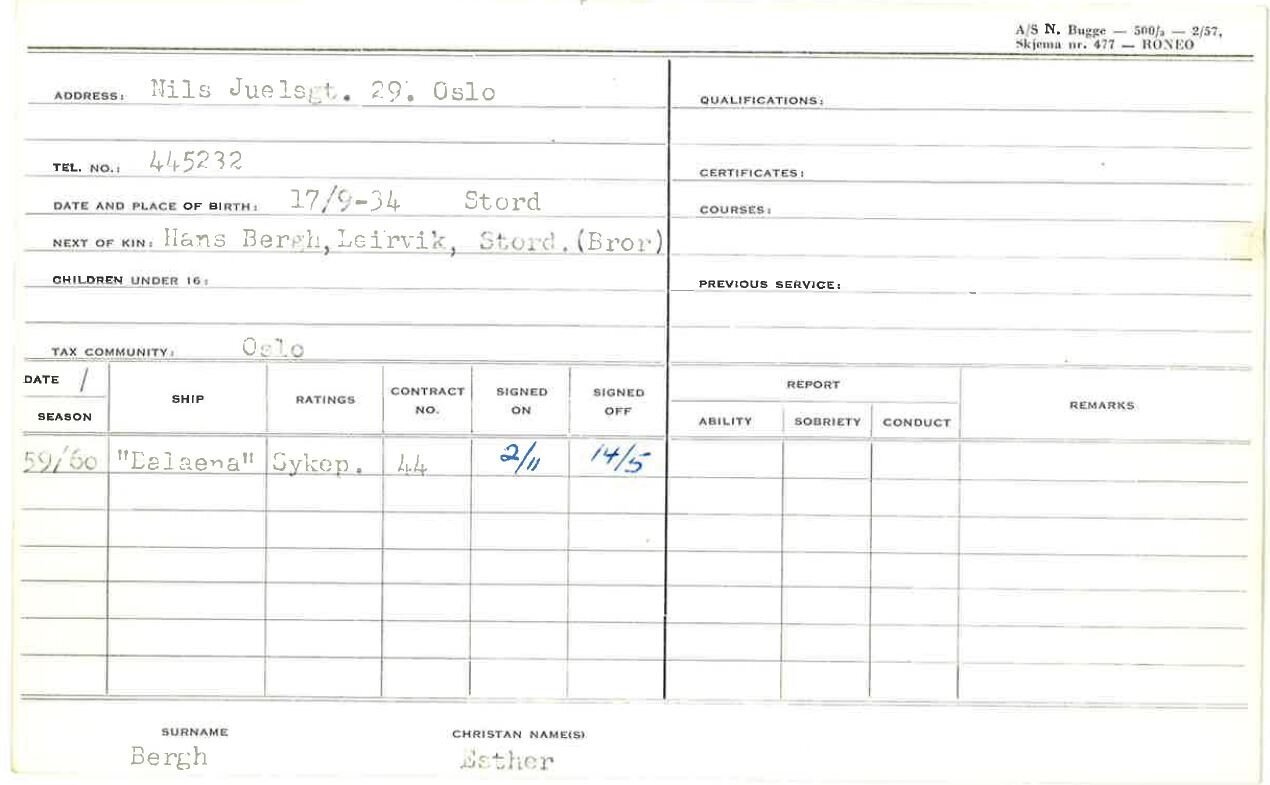 Et mannskapskort hjelper til i jakten på Esther Bergh. Begge foreldrene var døde da hun mønstret på, så storebror Hans er oppgitt som nærmeste pårørende. Bilde av Esther Berghs mannskapskort