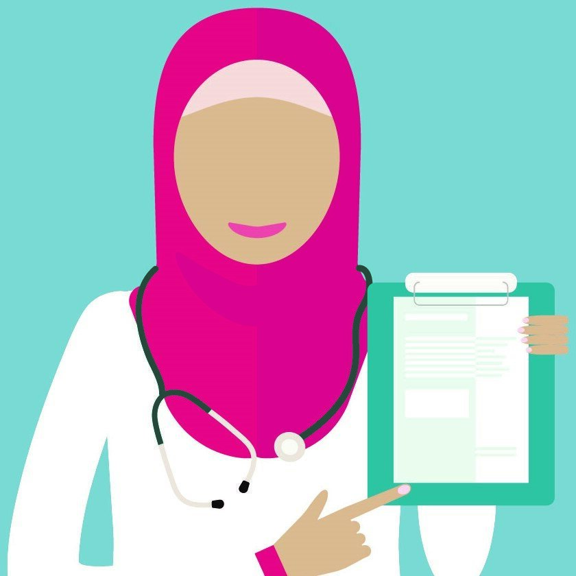 helsevesen, hijab, arbeidsantrekk Tegningen viser en kvinne i hvit uniform med hijab.