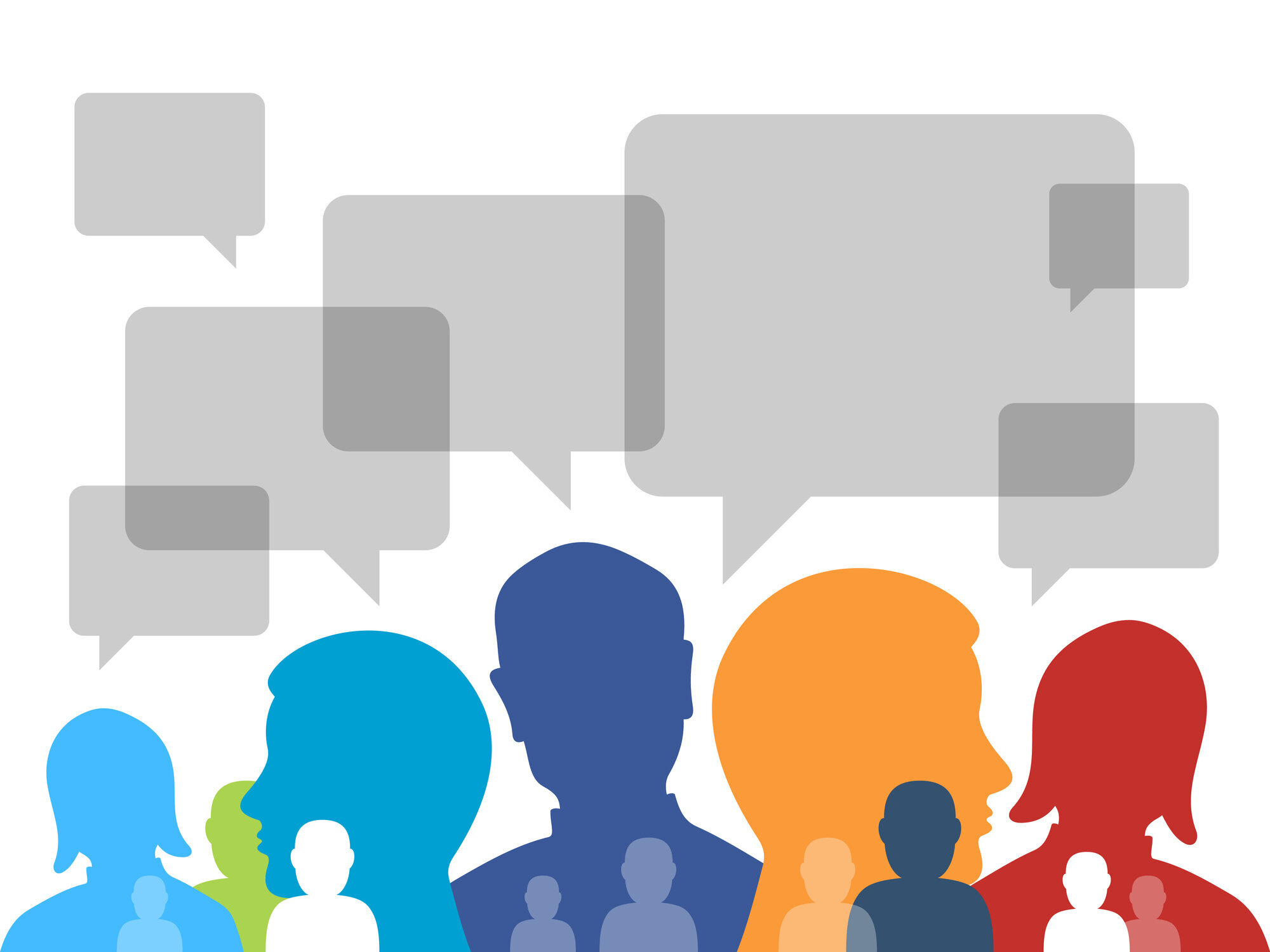 Silhuett av mange mennesker omgitt av pratebobler. Silhuett av mange mennesker omgitt av pratebobler.