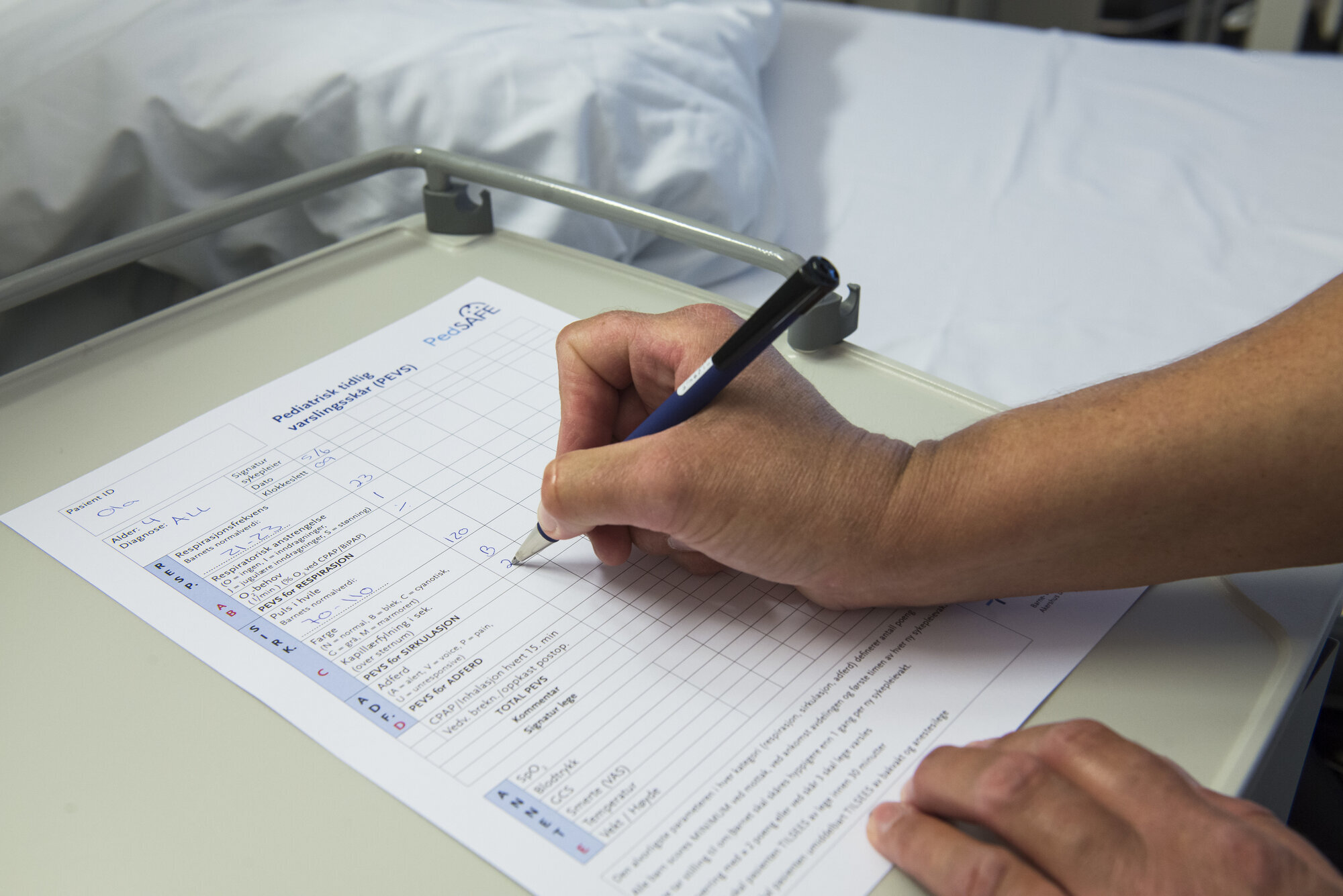 PedSAFE-skjema Bildet viser en hånd som fyller ut et PedSAFE-skjema