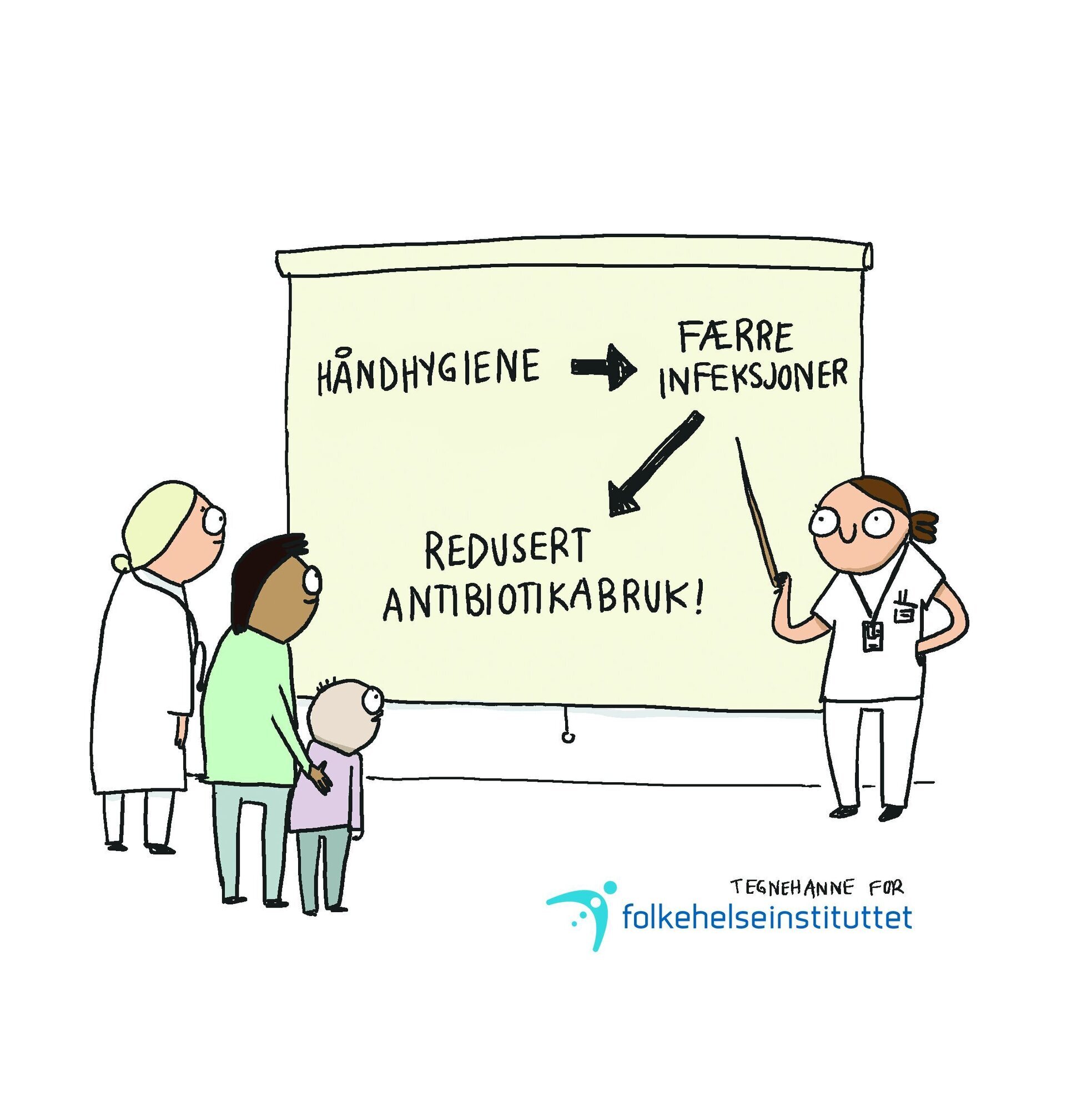 sykepleier, smittevern, håndhygiene Illustrasjonen viser en sykepleier som underviser.