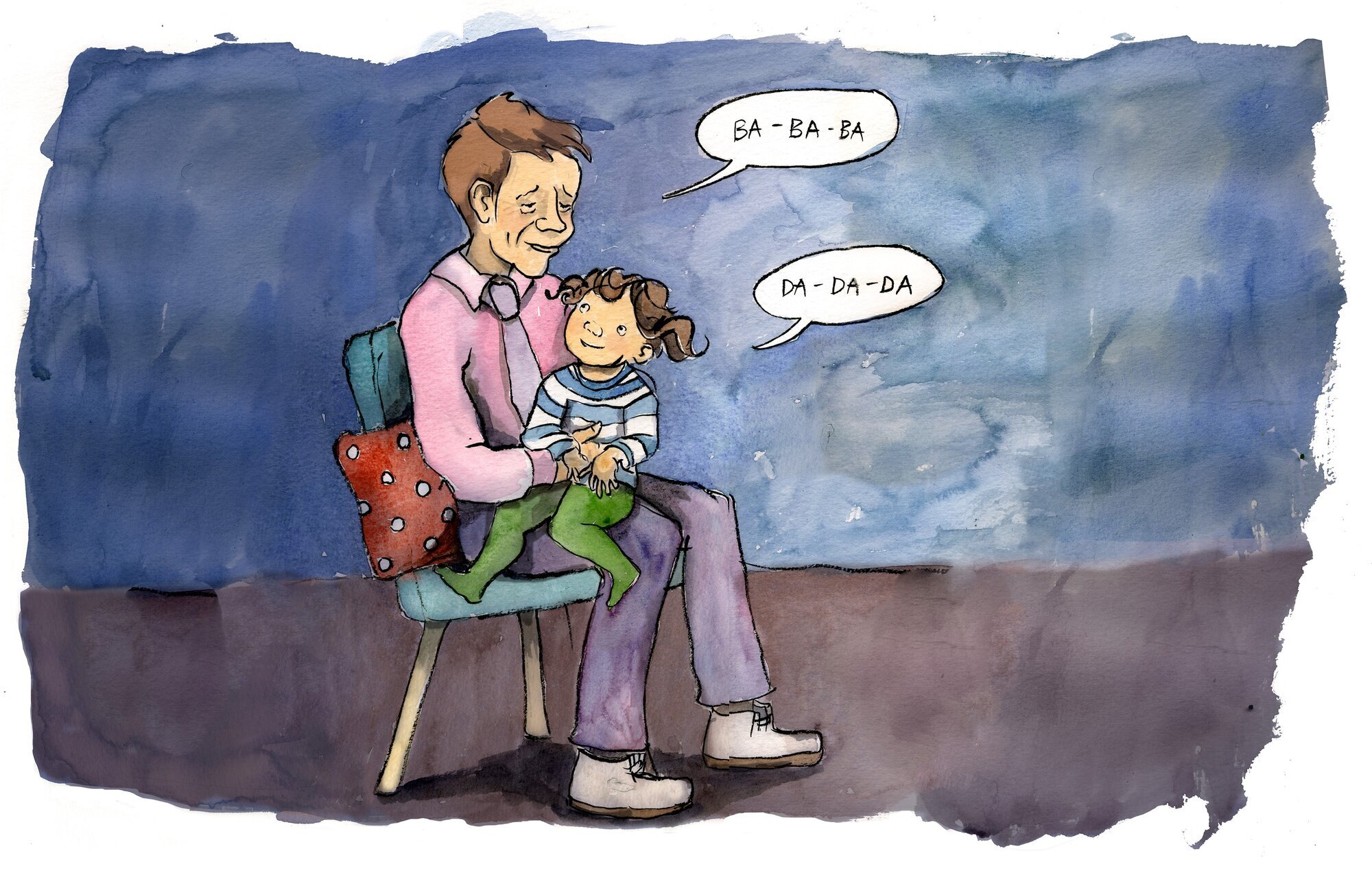 Afasi, språktrening, hjerneslag Illustrasjonen viser et barn som sitter på fanget til et barn. Barnet sier Da-da-da, og mannen svarer Ba-ba-ba