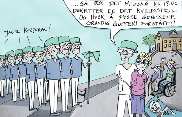 Aksjonisten, Bleiesoldater Illustrasjonen viser en pleier med en gammel dame i rullestol som gir ordre til en hær av andre pleiere.