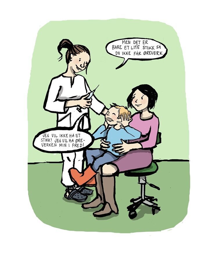 Influensavaksine Barn Tegning av en sykepleier som skal gi influensavaksine til en liten gutt