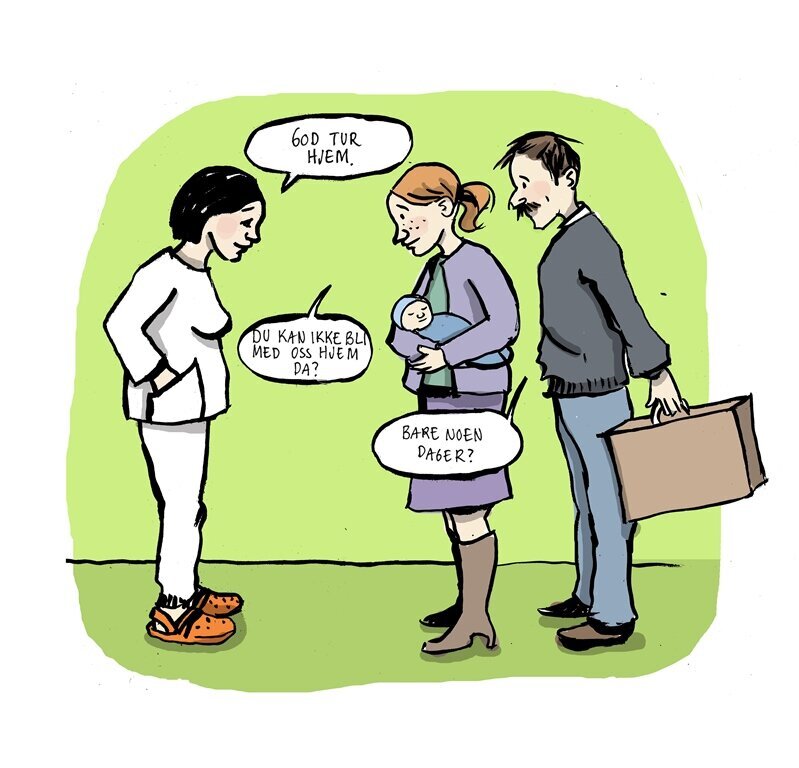 Jordmor Nyfødt Foreldre Tegning av jordmor som tar avskjed med nybakte foreldre som skal hjem fra sykehuset