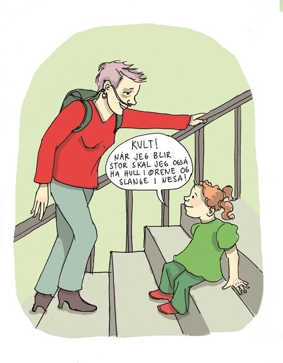 Kvinne med kols møter en liten jente i en trapp Kvinne med kols møter en liten jente i en trapp