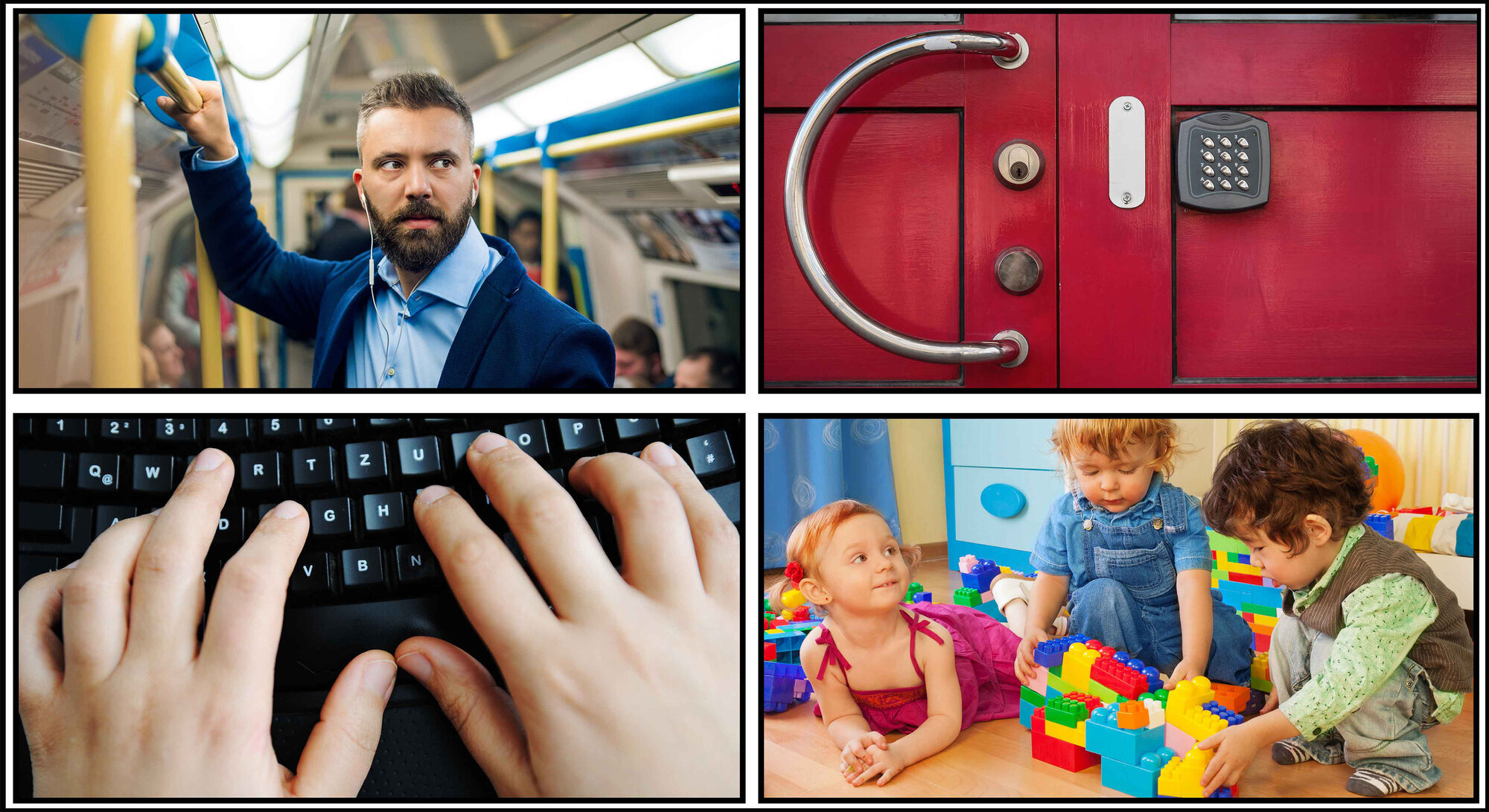 Bildet viser en collage fra berøringer av overflater som tastatur, dørhåndtak o.l Bildet viser en collage fra berøringer av overflater som tastatur, dørhåndtak o.l