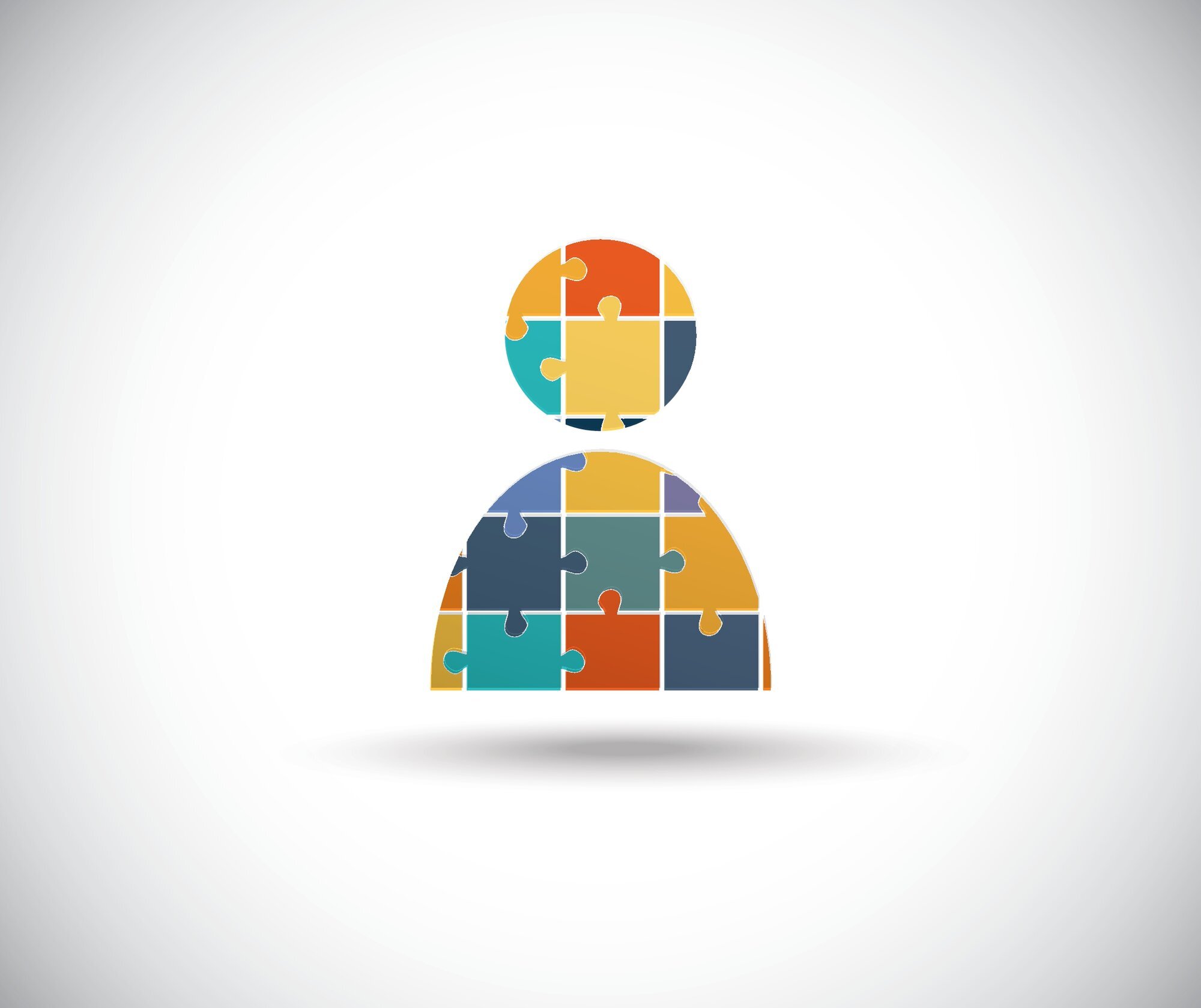 psykiatri, legevakt, sykepleie Illustrasjonen viser overkroppen av et menneske som er satt sammen av puslespillbiter.