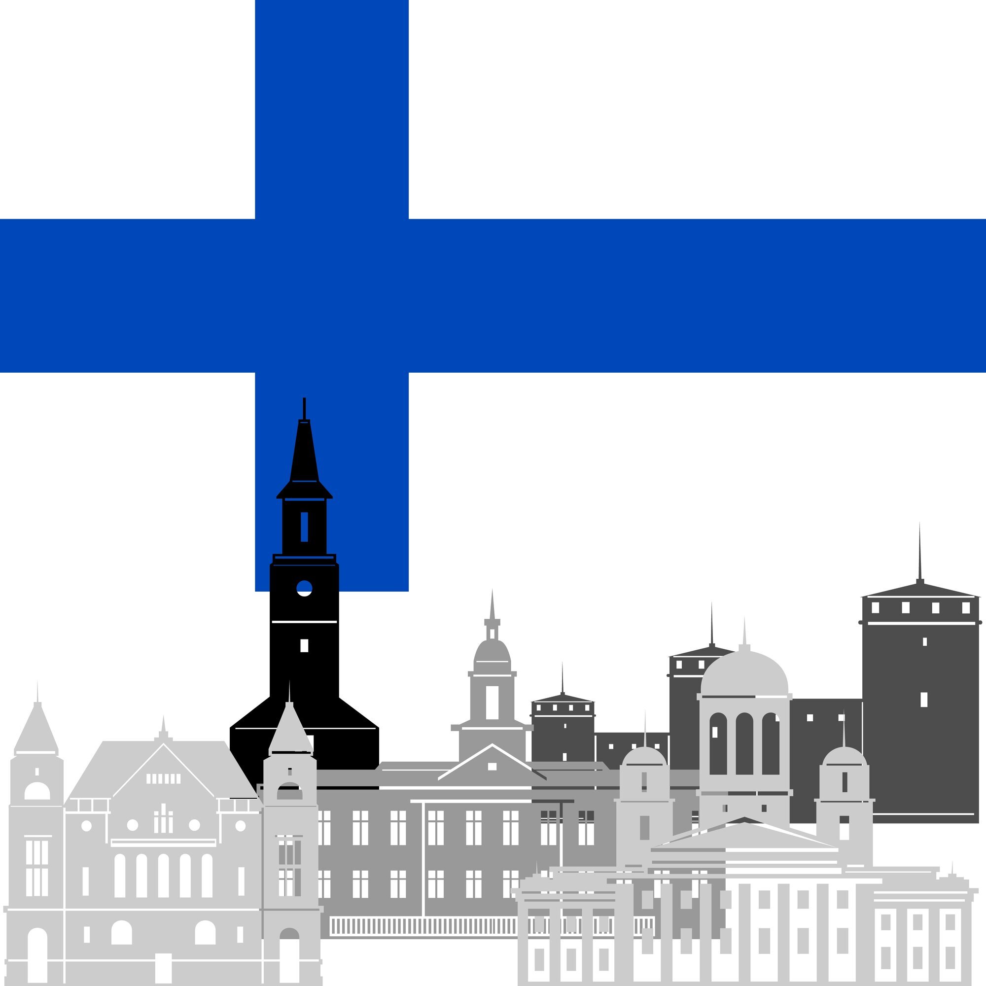 Illustrasjon av det finske flagget og bygninger Finland