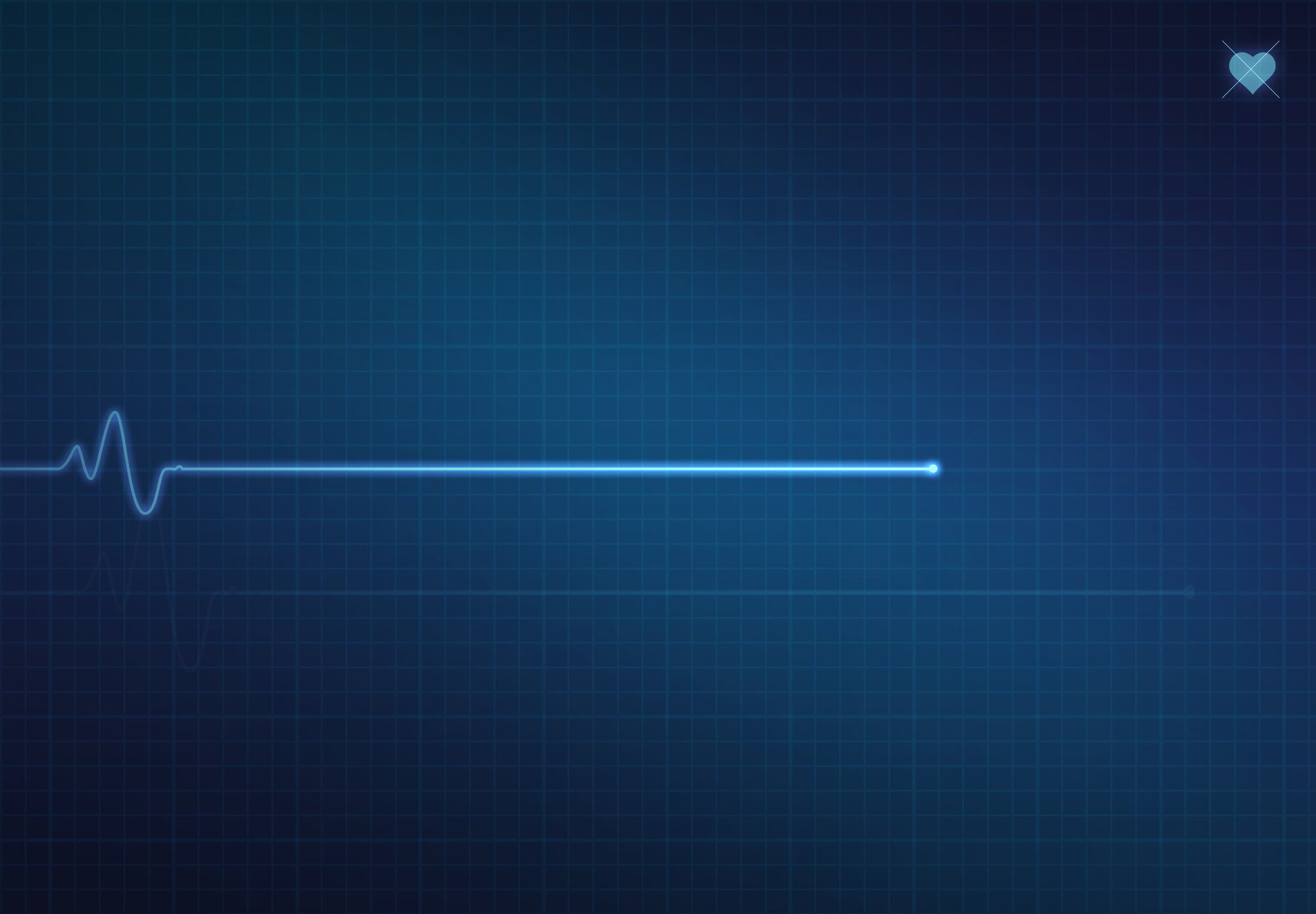 EKG-monitor, ingen hjerteaktivitet EKG-monitor med en rett strek som symboliserer ingen hjerteaktivitet, med blå bakgrunn og et hjertesymbol oppe til høyre med et kryss over.