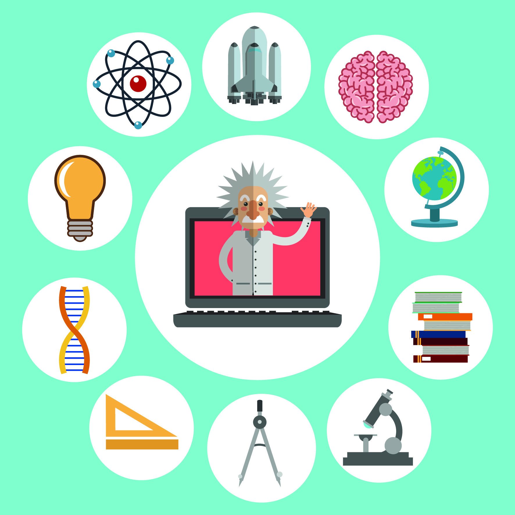 Einstein og vitenskapen Illustrasjonen viser Einstein i midten av en sirkel av vitenskapelige symboler