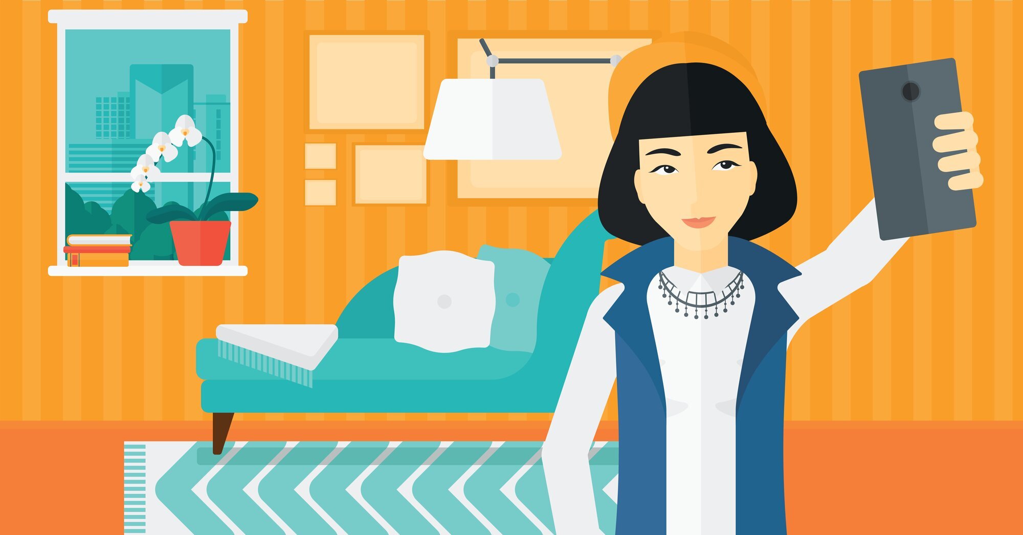 Kontakt med familie, hjelp til å huske avtaler, råd om praktisk innredning og treningsapper er noe av det hvakanhjelpe,no tilbyr. Illustrasjonen viser en kvinne som holder opp en mobiltelefon i en stue.