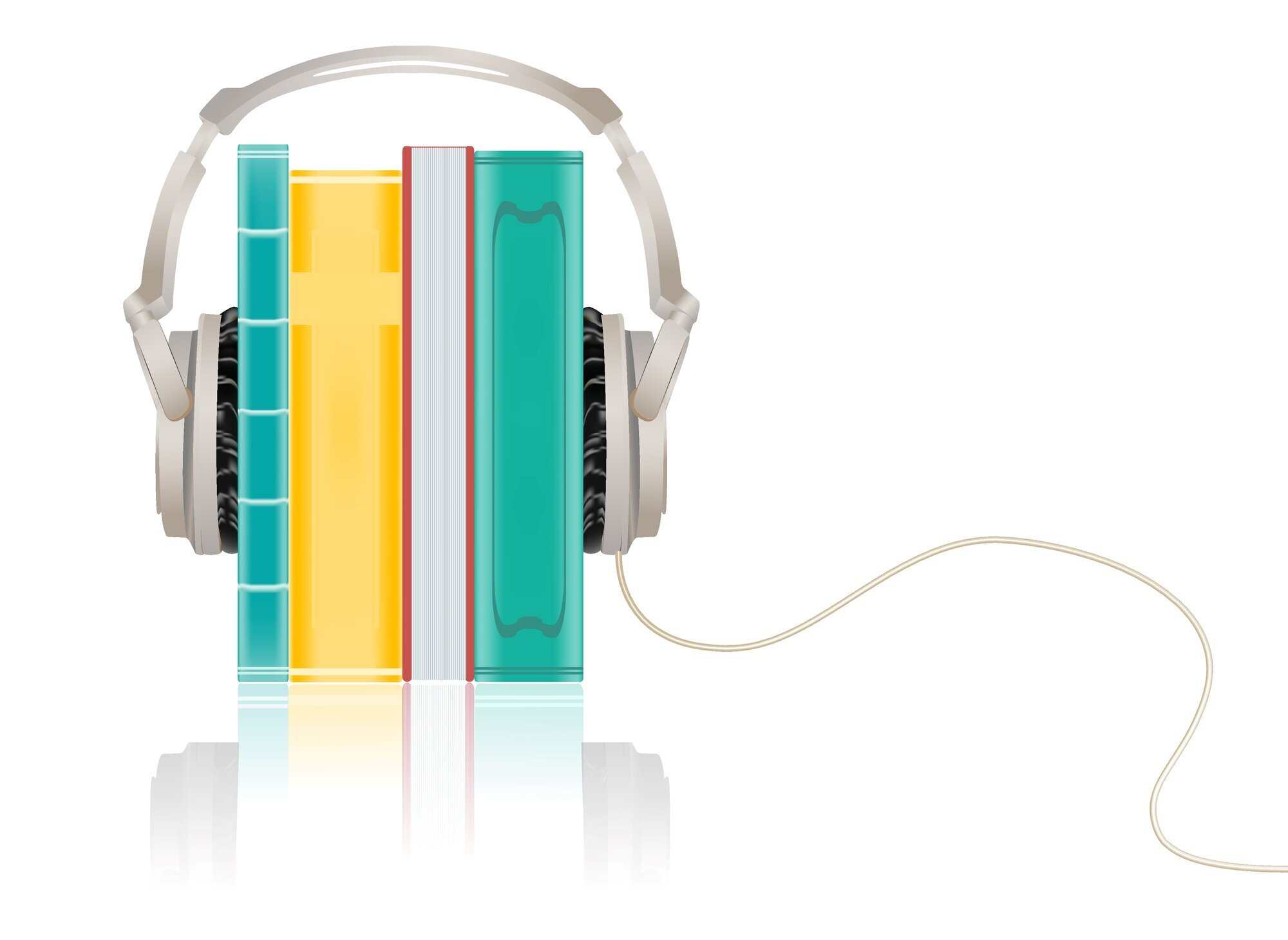 Bøker, lydbøker Illustrasjonen viser bøker med høretelefoner på seg.