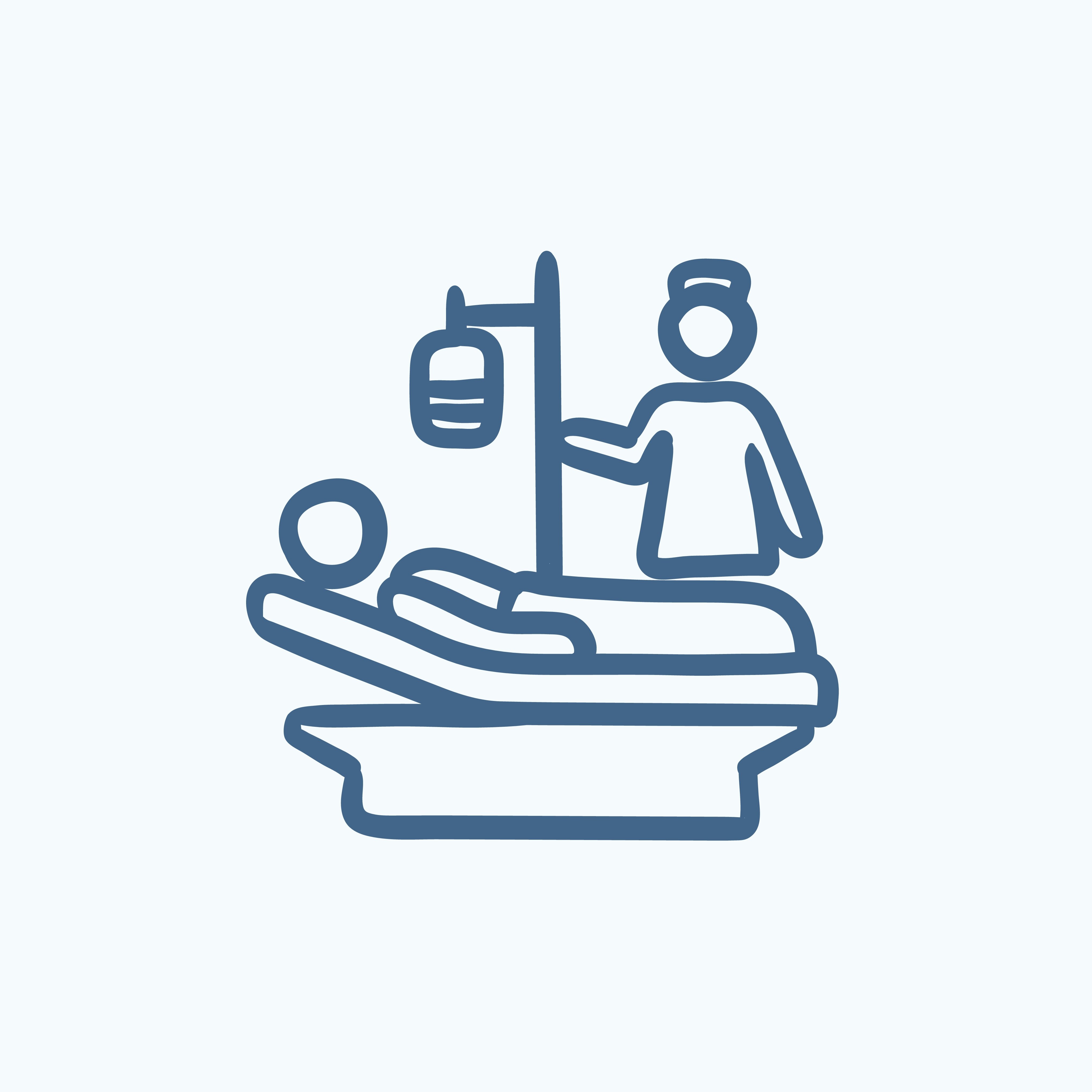 Sykepleier, sykehus Illustrasjonen viser en sykepleier som står med et intravenøsstativ ved en sykehusseng.