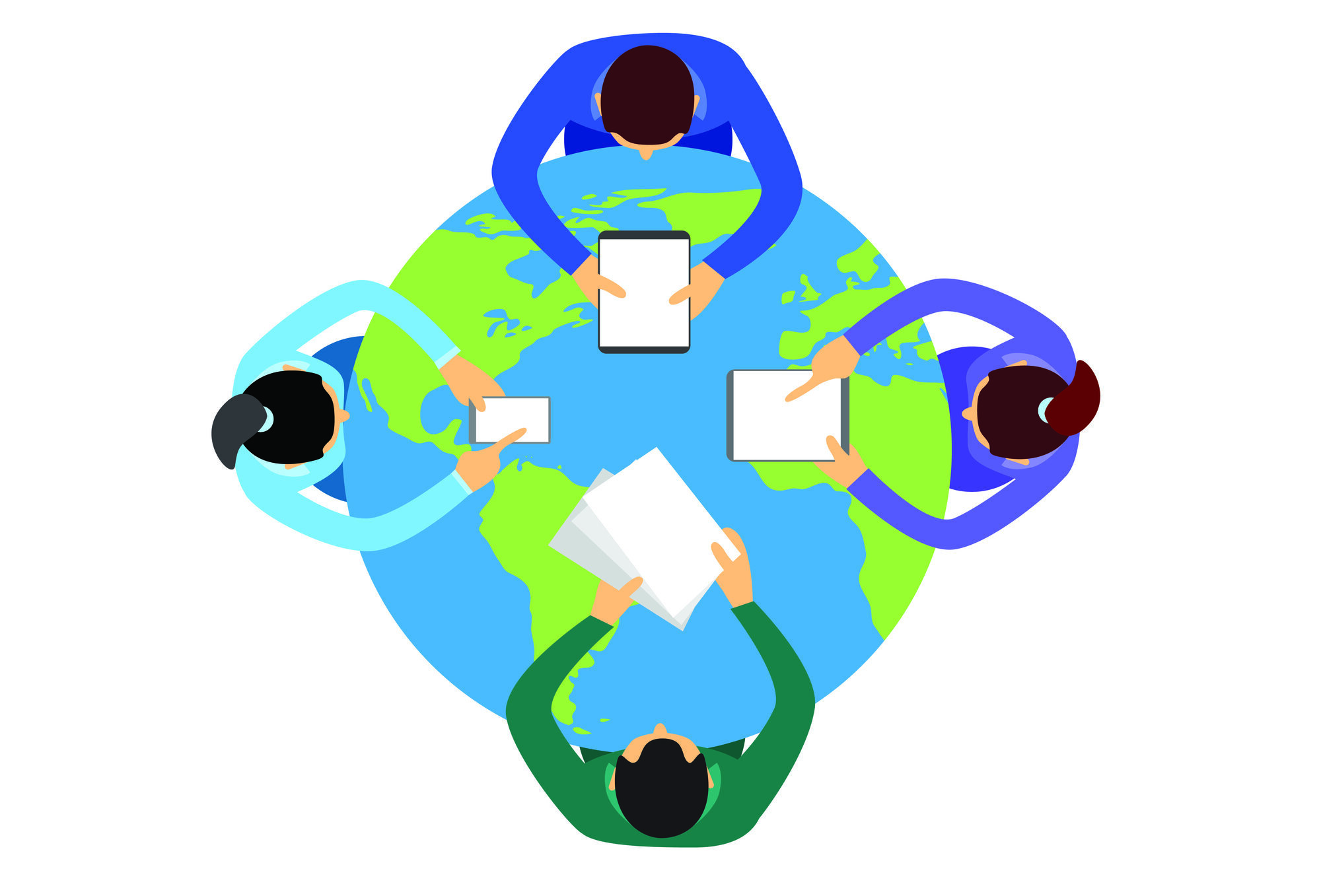 Globalt samarbeid Illustrasjonen viser fire mennesker som sitter rundt en jordklode, sett ovenfra. De har papirer foran seg og samarbeider.