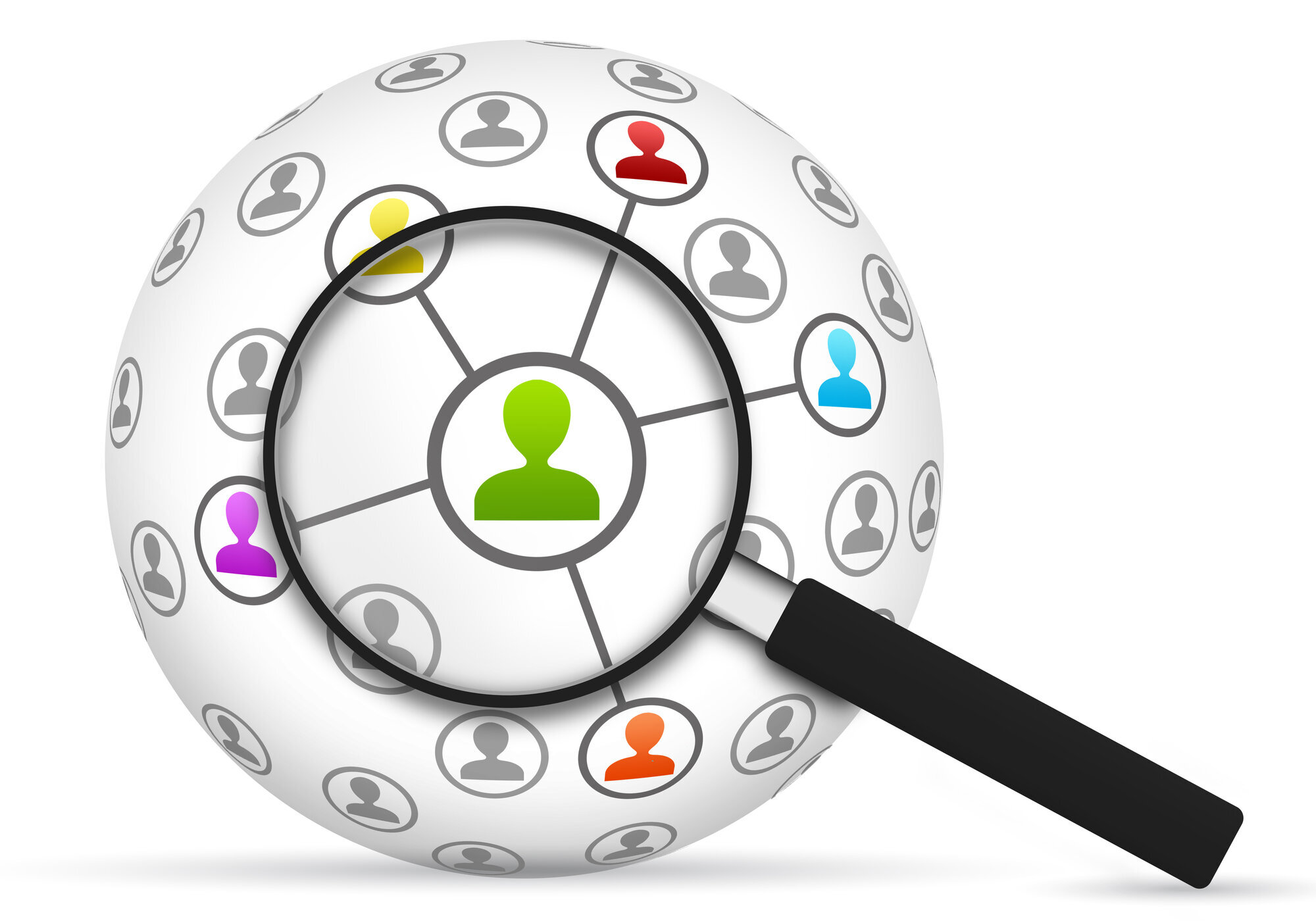 Nettverk Illustrasjonen viser et nettverk av personer, der én er forstørret med et forstørrelsesglass