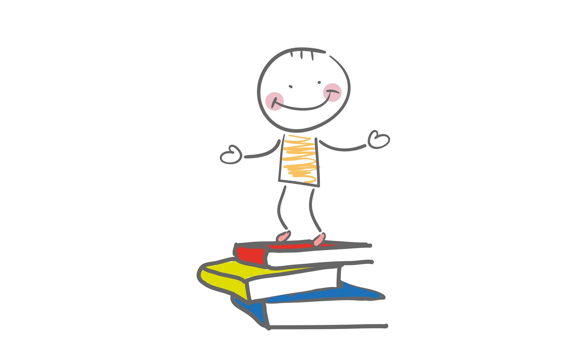 bibliotek, sykepleie Illustrasjonen viser et strekmenneske som står på en stabel bøker og smiler.